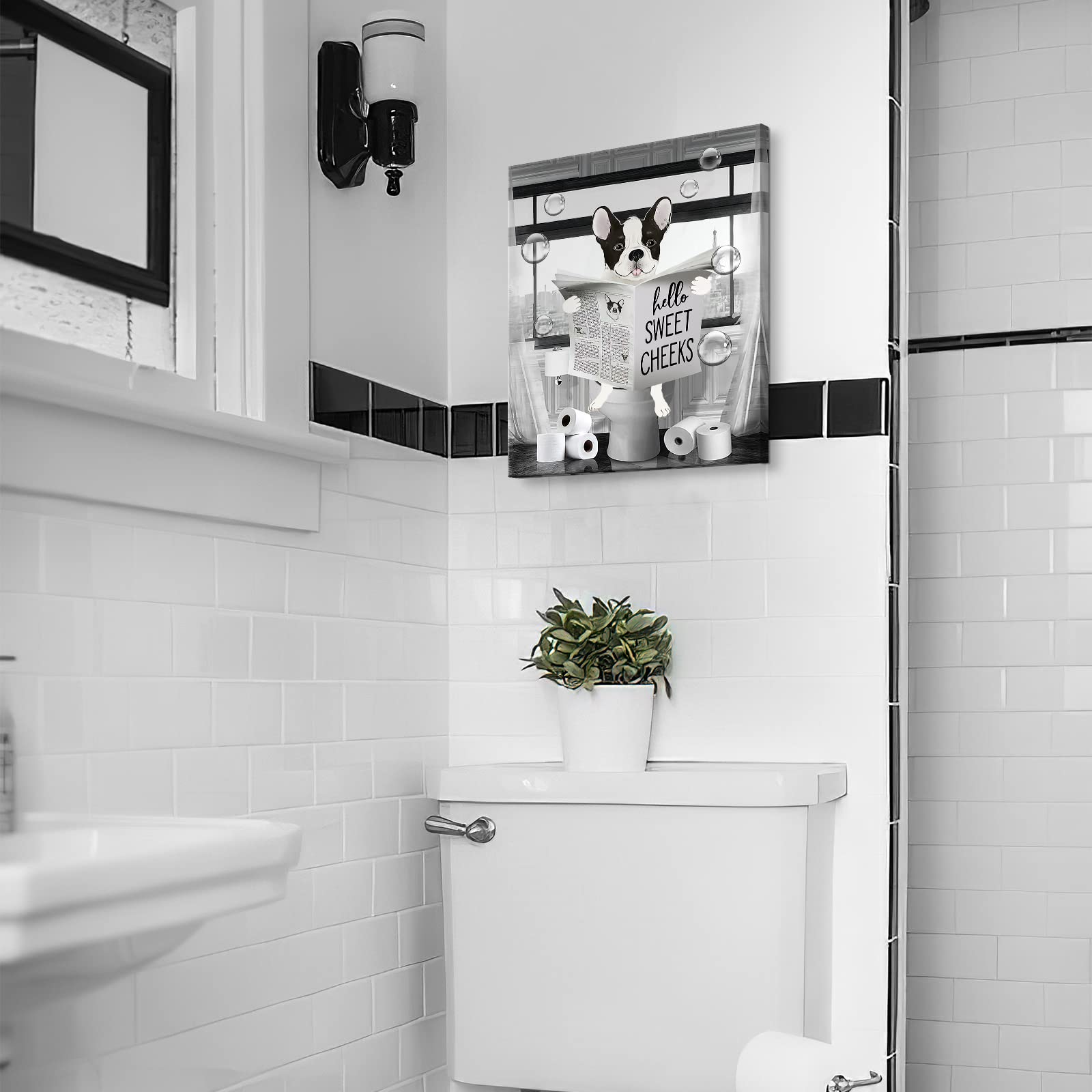 Funny Bulldog Wall Art Black And White Dog Bathroom Print Farmhouse Bathroom Animals Wall Decor Dog Sitting In Toilet Reading Ne