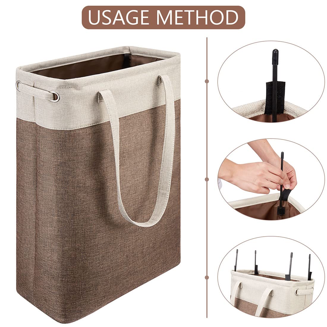 i BKGOO Laundry Basket with Handles Beige&Brown Slim Laundry Bin Collapsible Dirty Clothes Basket Narrow Laundry Bag Foldable Dirty Hamper for Camping  Dorms  Apartments