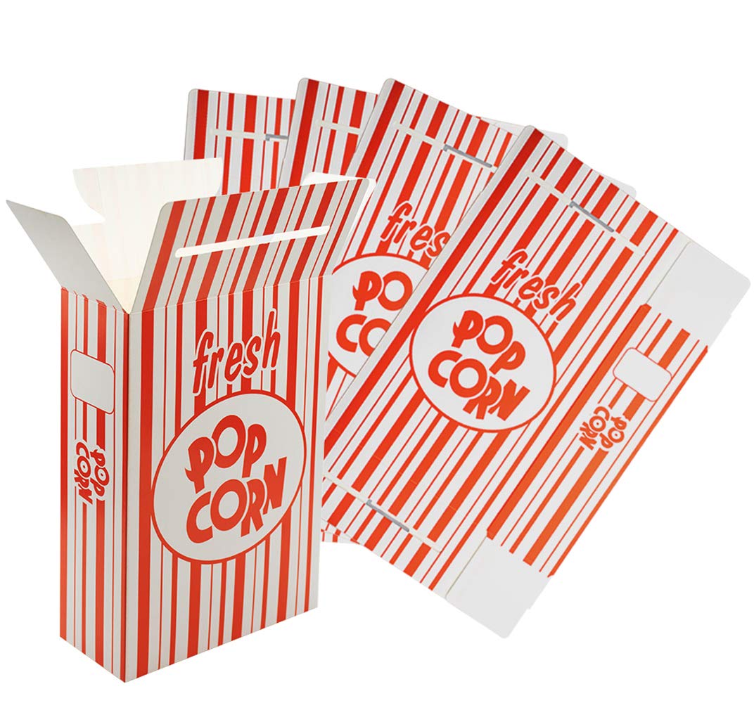 Fasmov 100 Pack Paper Popcorn Boxes, 6'' L x 2 1/2''W x 8 1/2 ''H Close Top Movie Theater Popcorn Boxes, Popcorn Containers for