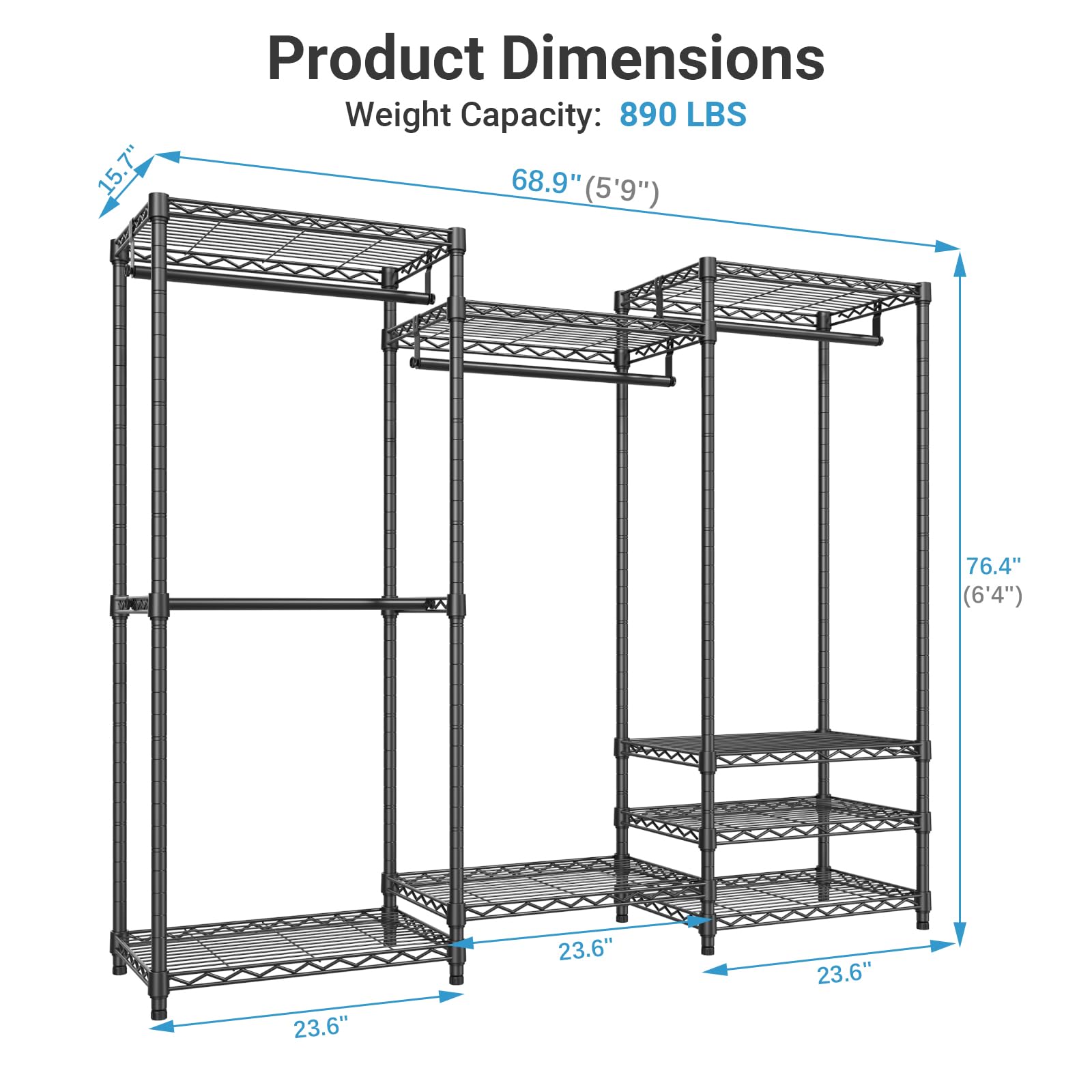 VIPEK V5 Portable Closet Wardrobe Heavy Duty Clothes Rack  Freestanding Clothing Rack with 4 Hang Rods & 8 Shelves  Adjustable Closet Rack  68.9 '' L x 15.7 '' W x 76.4 '' H  Max Load 800LBS  Black