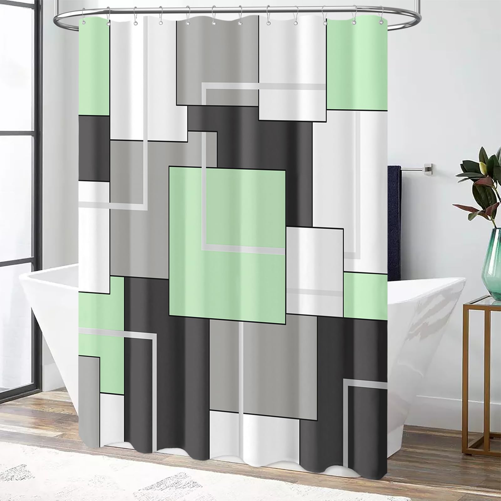 Bttn Mint Green Fabric Shower Curtain, Modern Geometric Neutral Cloth Shower Curtain Set With Hook, Weighted Hem, White Black Gr