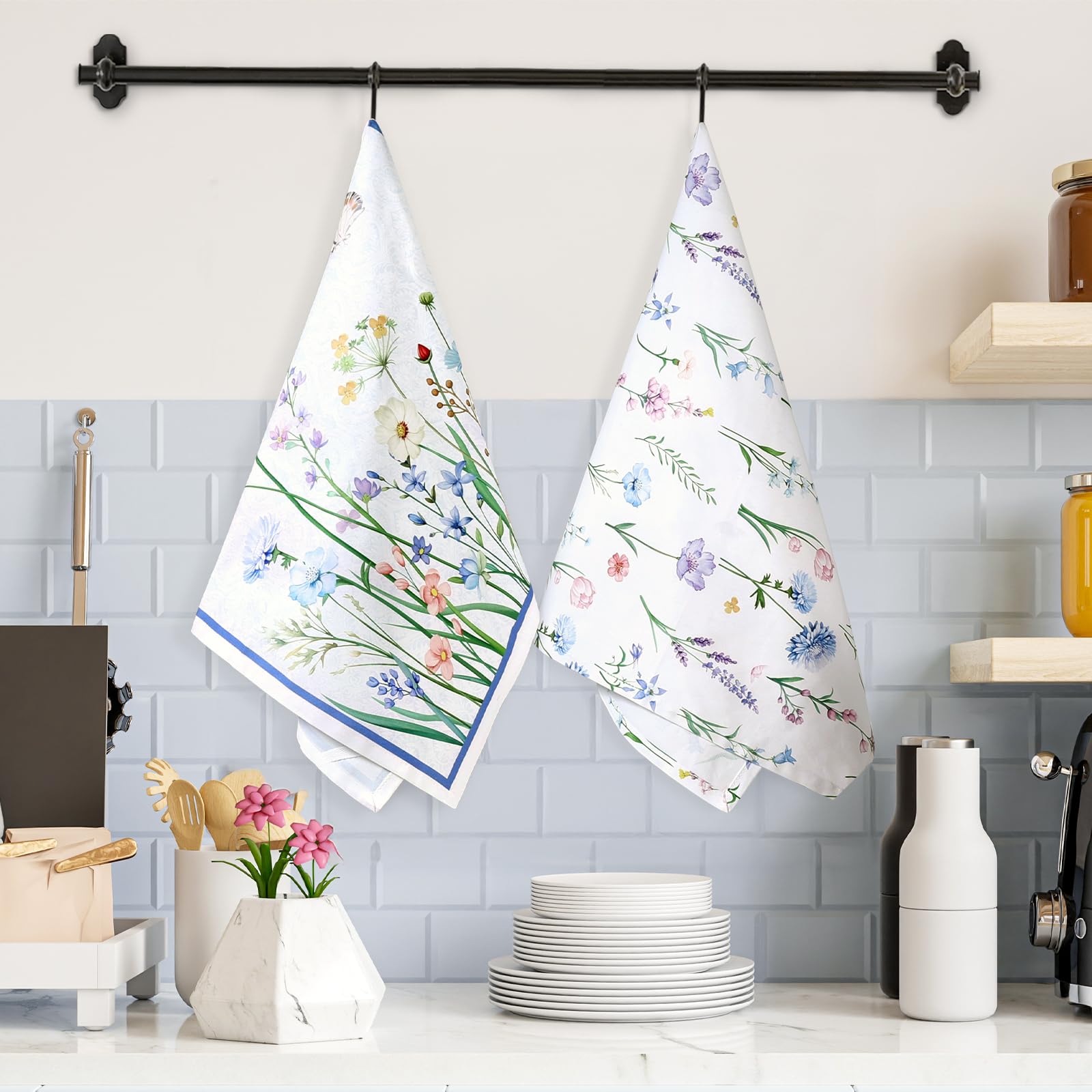 Arquiel Blue Wildflower Tea Towels, Cotton Kitchen Towel 18.9    27.5 Inch, Quick Drying Dish Cloth For Party Anniversary Holida