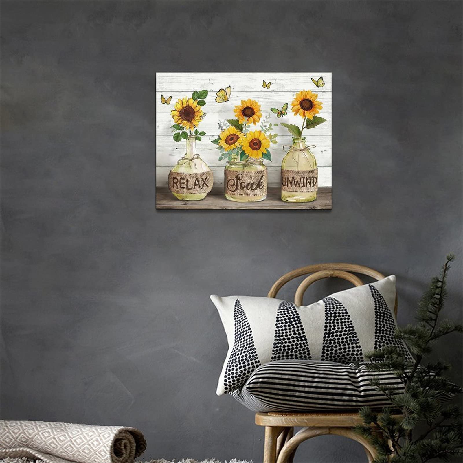 Farmhouse Bathroom Decor Wall Art Rustic Sunflower Bathroom Pictures Canvas Print Country Bathroom Painting Prints Wall Decor Framed Artwork Decor for Living Room Bathroom 12''x16''