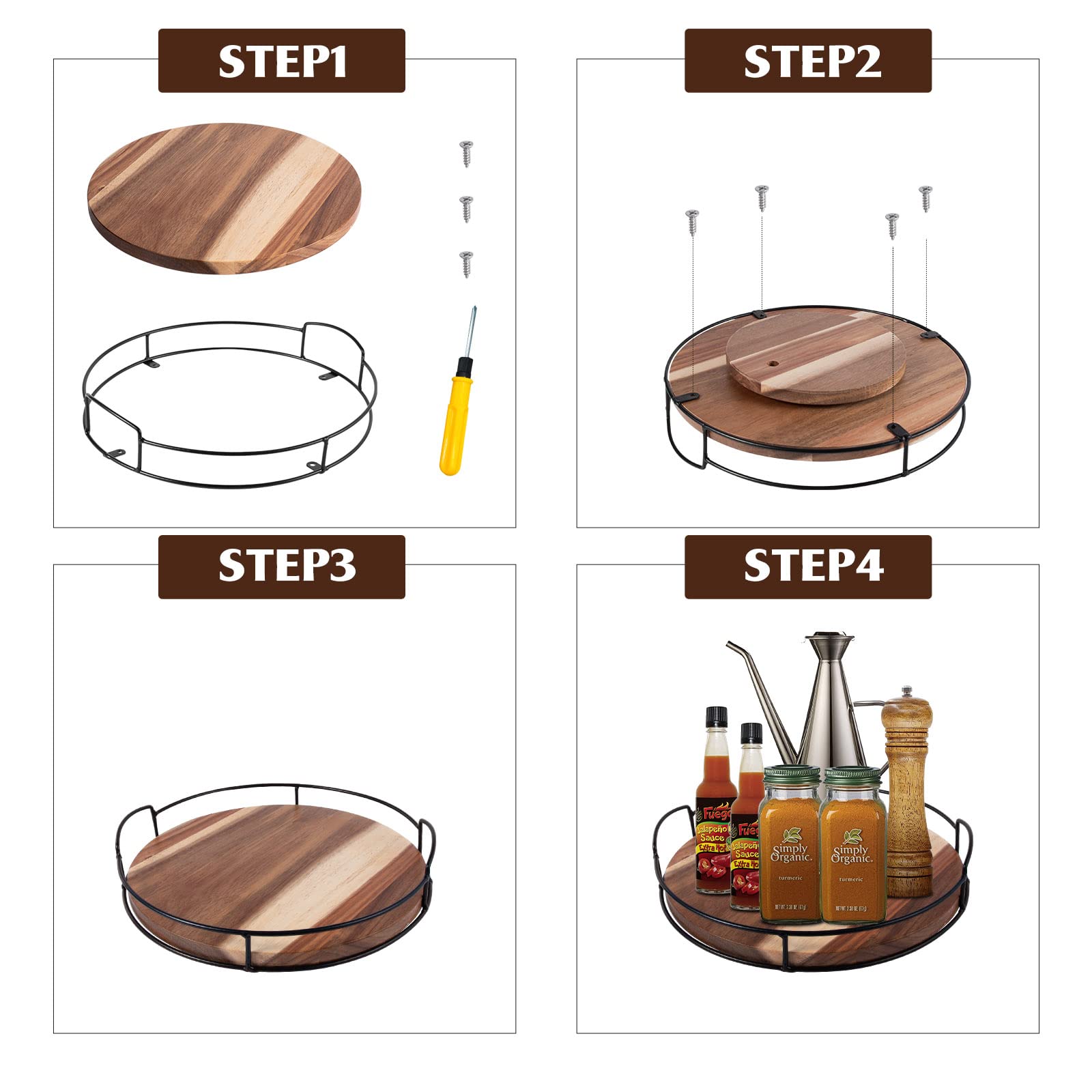12.5'' Acacia Wood Lazy Susan Turntable With Handles, Tomoaza Kitchen Organizer Turntable With Steel Sides, 360 Degree Turntable