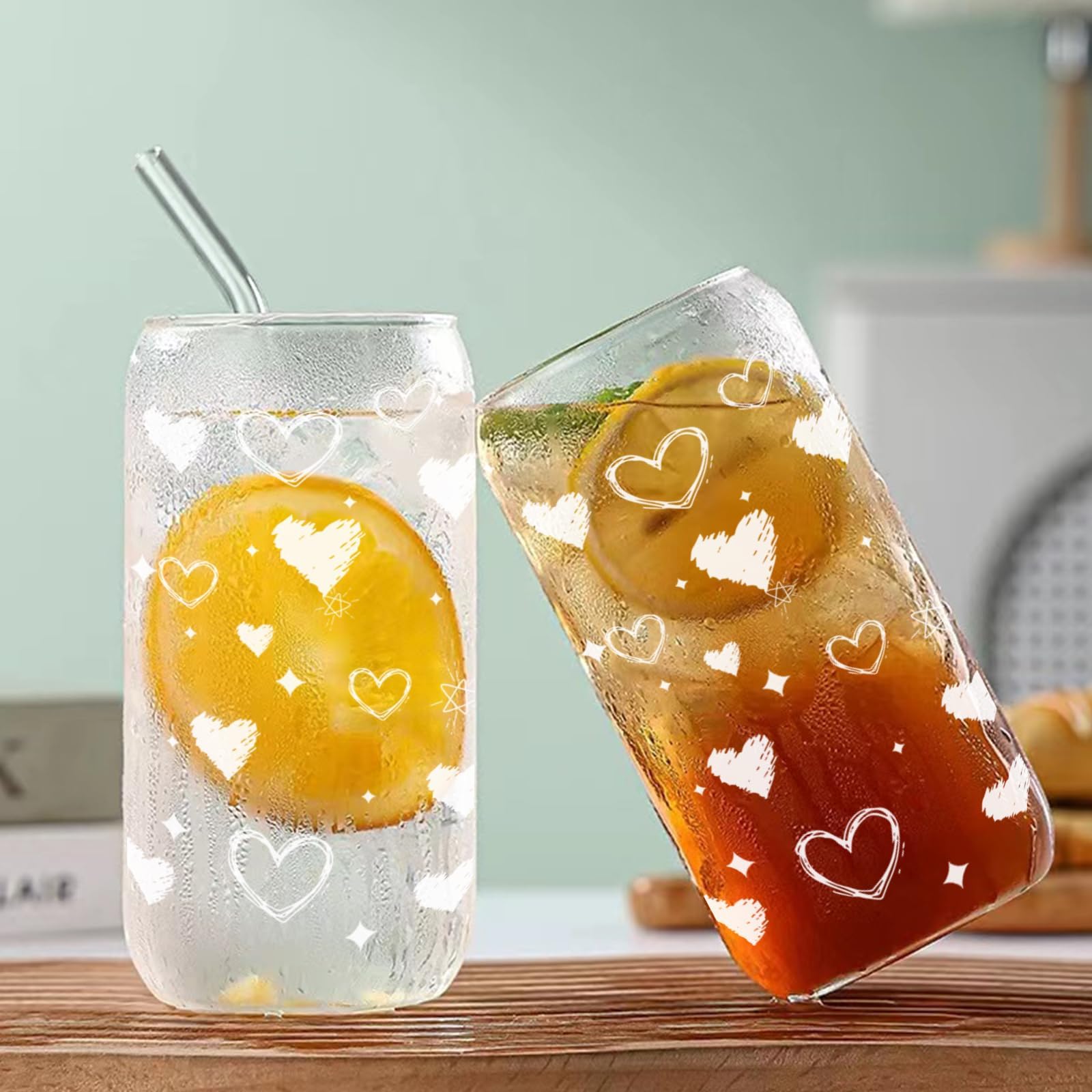 Glass Cups with Lids and Straws - 2 Pack 16oz Heart Tumblers with Bamboo Lids and Glass Straws - Cute Iced Coffee Gift for Girlf