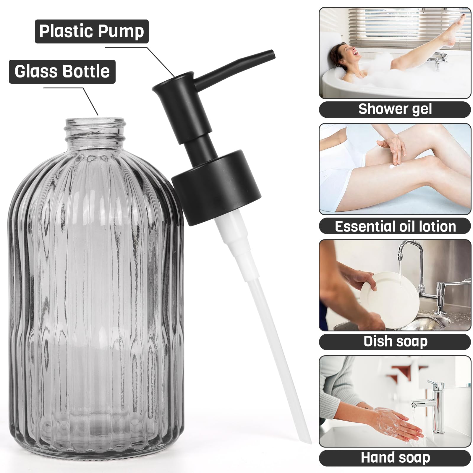 2 Pack 11Oz Glass Soap Dispenser With Plastic Pump, Vertical Stripe Design Refillable Hand Soap Dispenser For Hand Wash, Bathroo