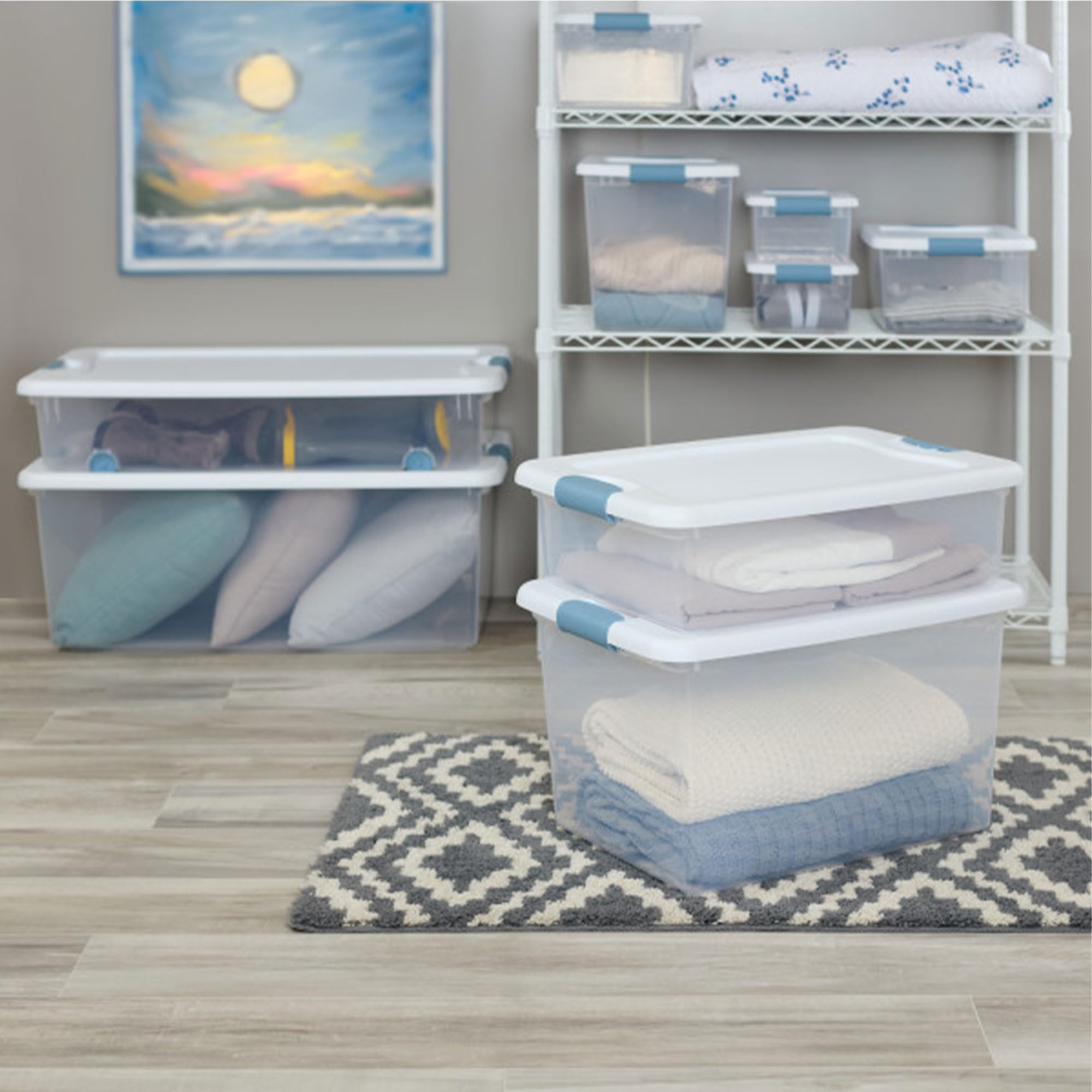 Sterilite 15 Qt Latching Storage Box, Stackable Bin With Latch Lid, Plastic Container To Organize Closet Shelf, Clear With White