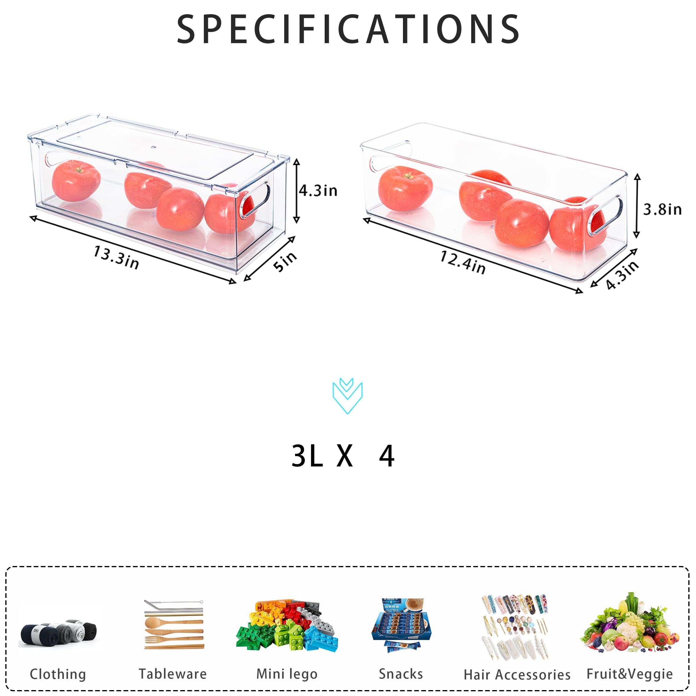 MineSign 4Pack Stackable Fridge Drawers Pull-out Storage Bins with Handle Clear Food Container for Refrigerator Plastic Dresser Organizer Fruit&Veggie Keeper for Freezer Cabinet Kitchen Organization