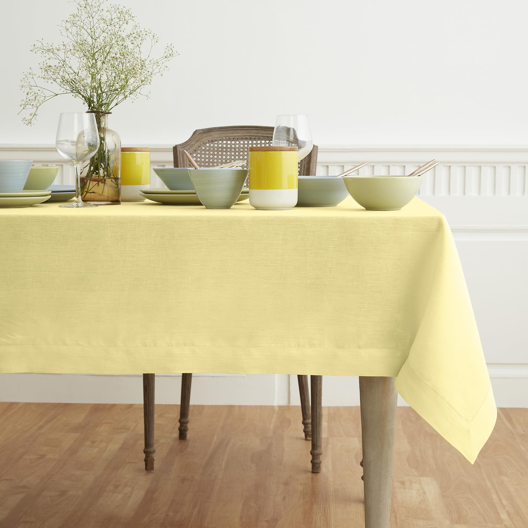 Solino Home Yellow Linen Tablecloth 132'' L X 60'' W Inch - Fete, 100% Pure Linen Table Cloth For Rectangle Tables - Machine Was