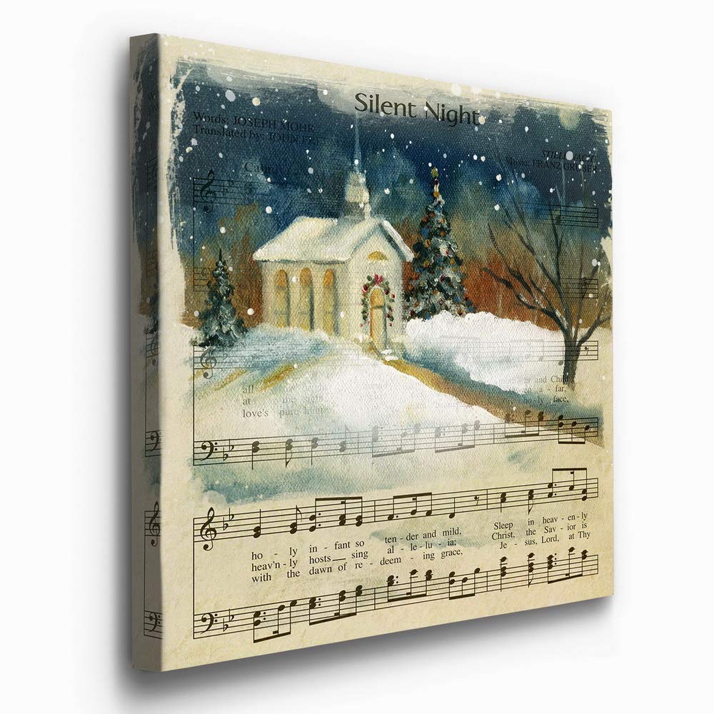 Renditions Gallery Silent Night Sheet Music Wall Art, Cute Christmas Carol & Winter Artwork, Church & Steeple, Premium Gallery W