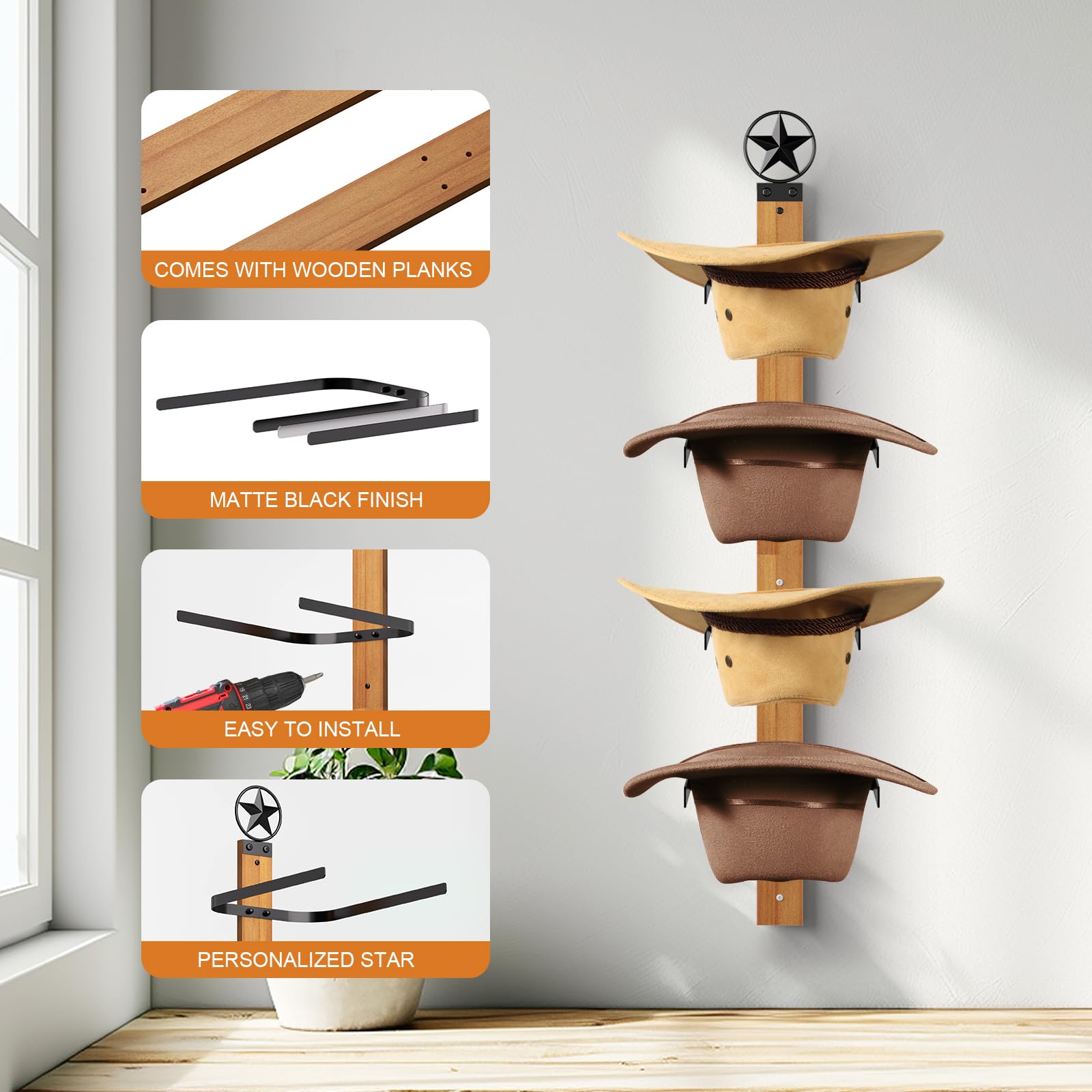 Fluffytree Cowboy Hat Rack, 4-Piece Western Hat Rack For Wall With Natural Wooden Board, Gift Cowboy Hat Holder For Wall D  Cor