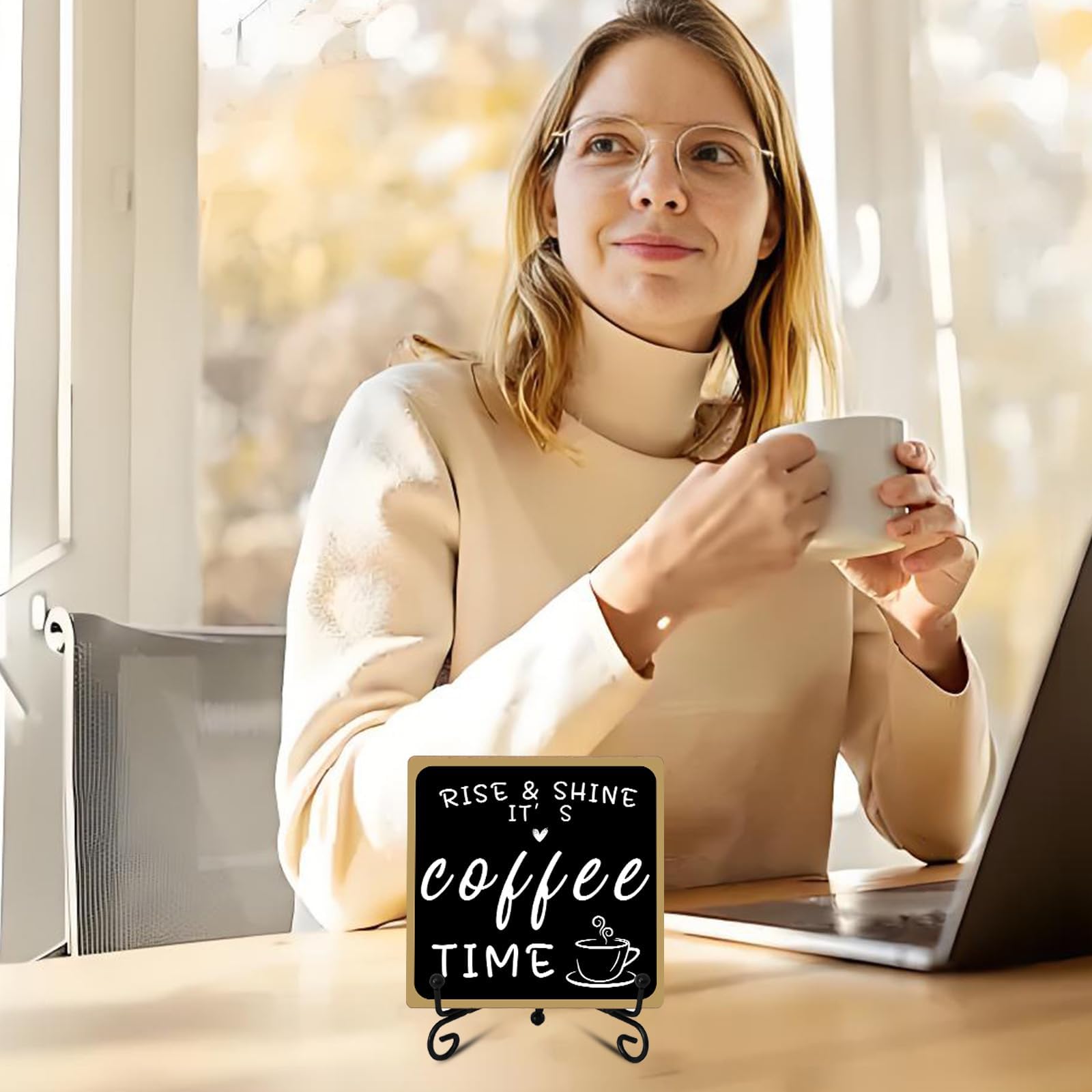 2Pcs Coffee Bar Sign Decorations, Black and White Coffee Sign Decor with Iron Stand Wooden Coffee Bar Decor Tabletop Shelf Acces