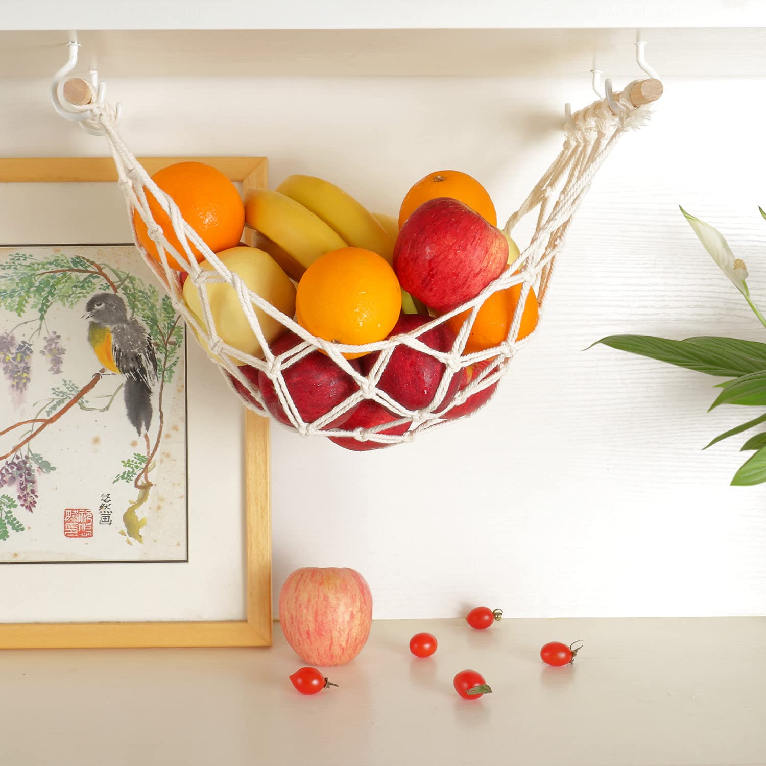 Evbopa Hanging Fruit Hammock For Kitchen Under Cabinet Macrame Fruit Basket For Bananas Fruit Storage With Hooks For Kitchen D