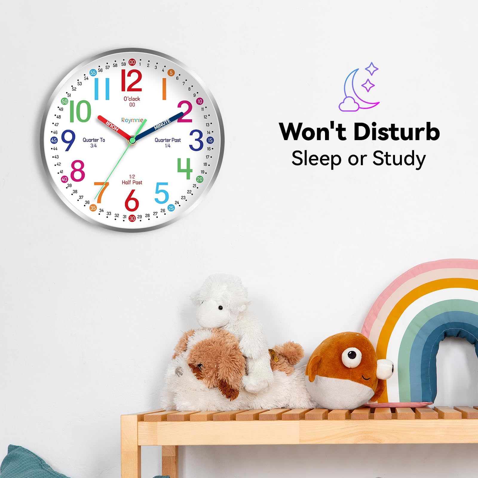 Roymnie 14 Inch Wall Clock for Kids Learning to Tell Time, Modern Silent Battery Operated Teaching Clock, Ideal Gift for Kids Ro