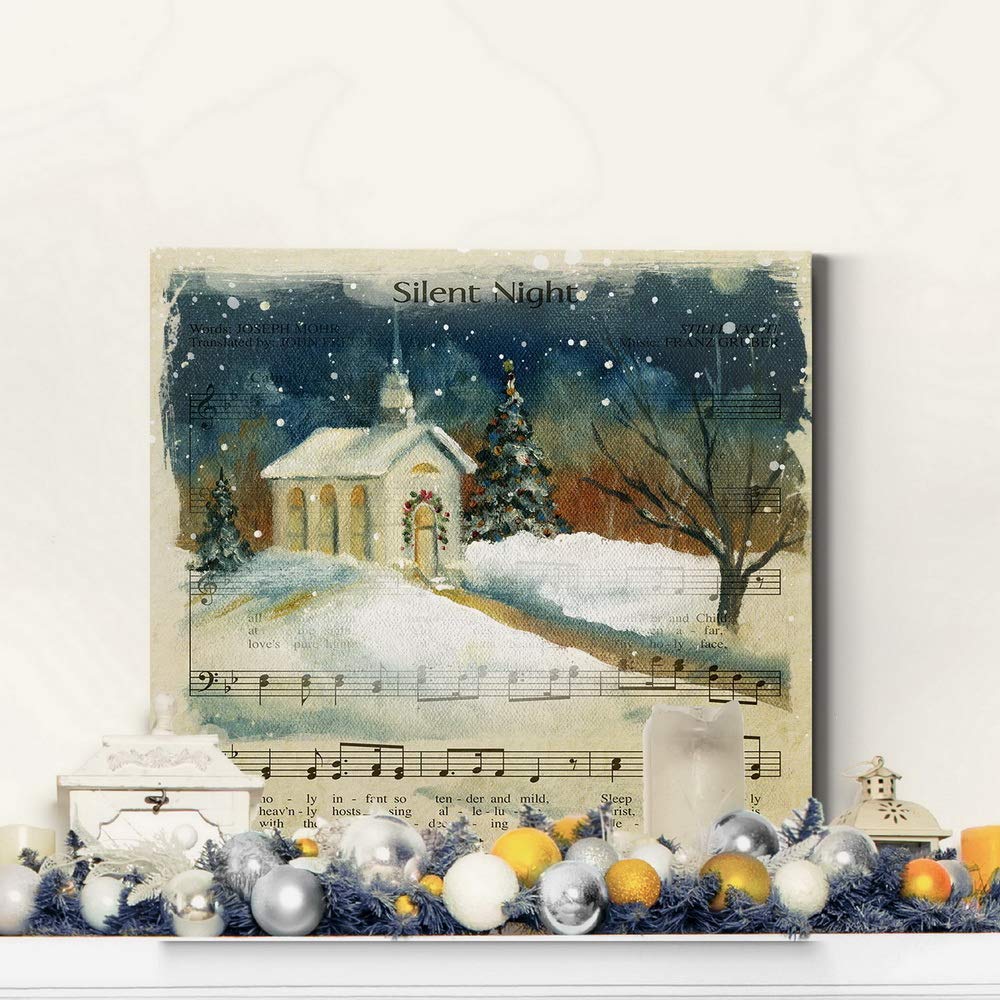 Renditions Gallery Silent Night Sheet Music Wall Art, Cute Christmas Carol & Winter Artwork, Church & Steeple, Premium Gallery W