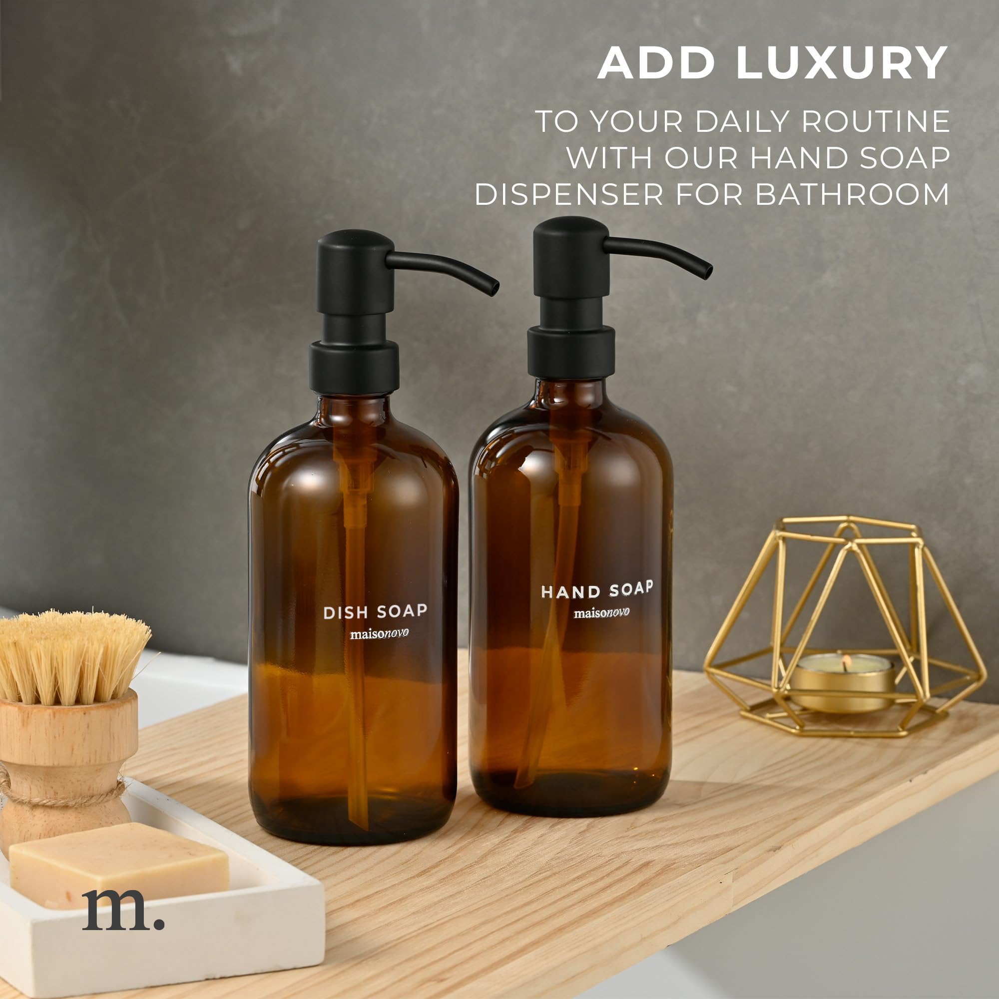 Maisonovo Amber Glass Soap Dispenser | 16.9 Fl Oz Amber Glass Black Pumps X 2