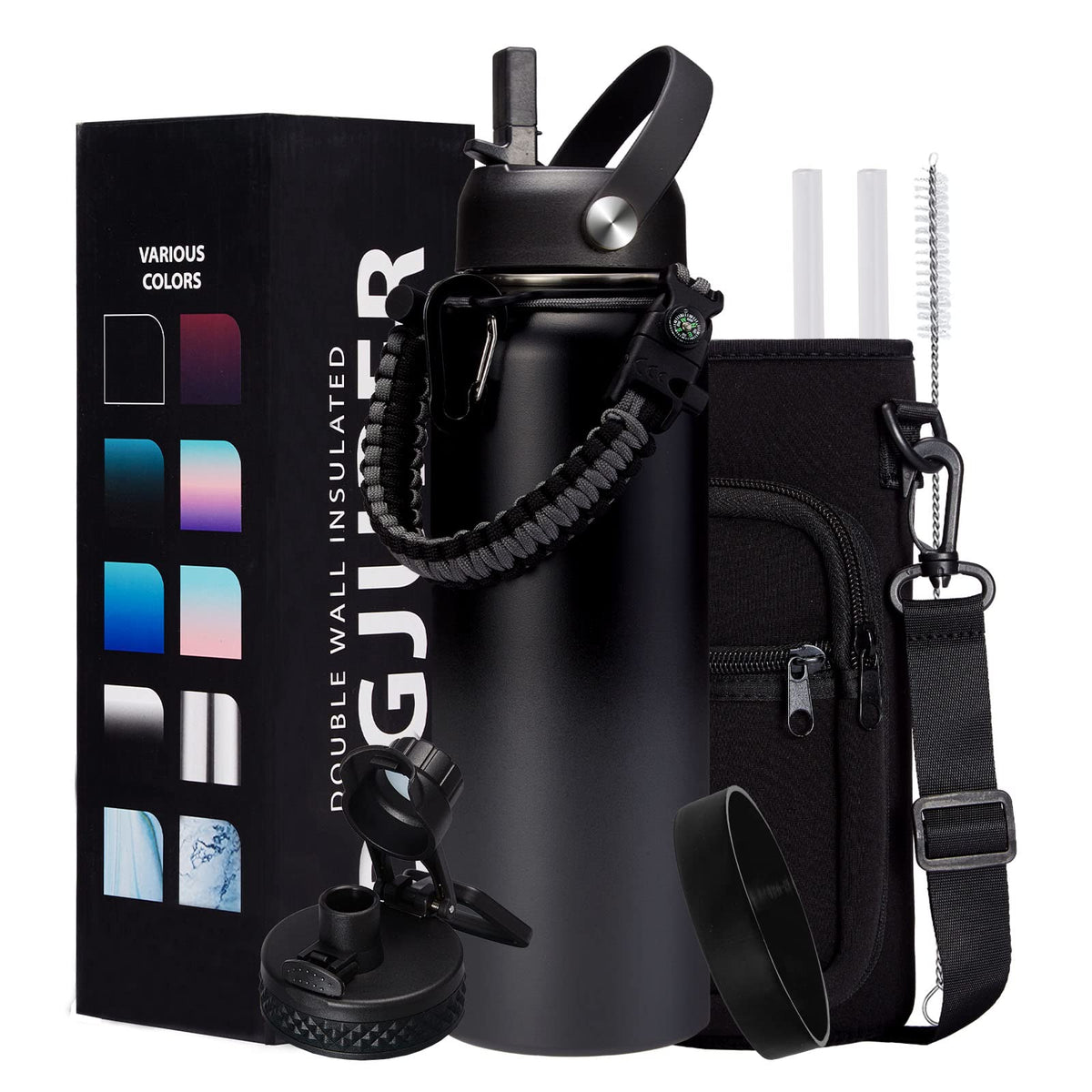 Vacuum Insulated Water Bottle 40Oz - W/Straw Lid & Spout Lid, Carrier Bag, Paracord Handle, Bottle Boot, Reusable Stainless Stee