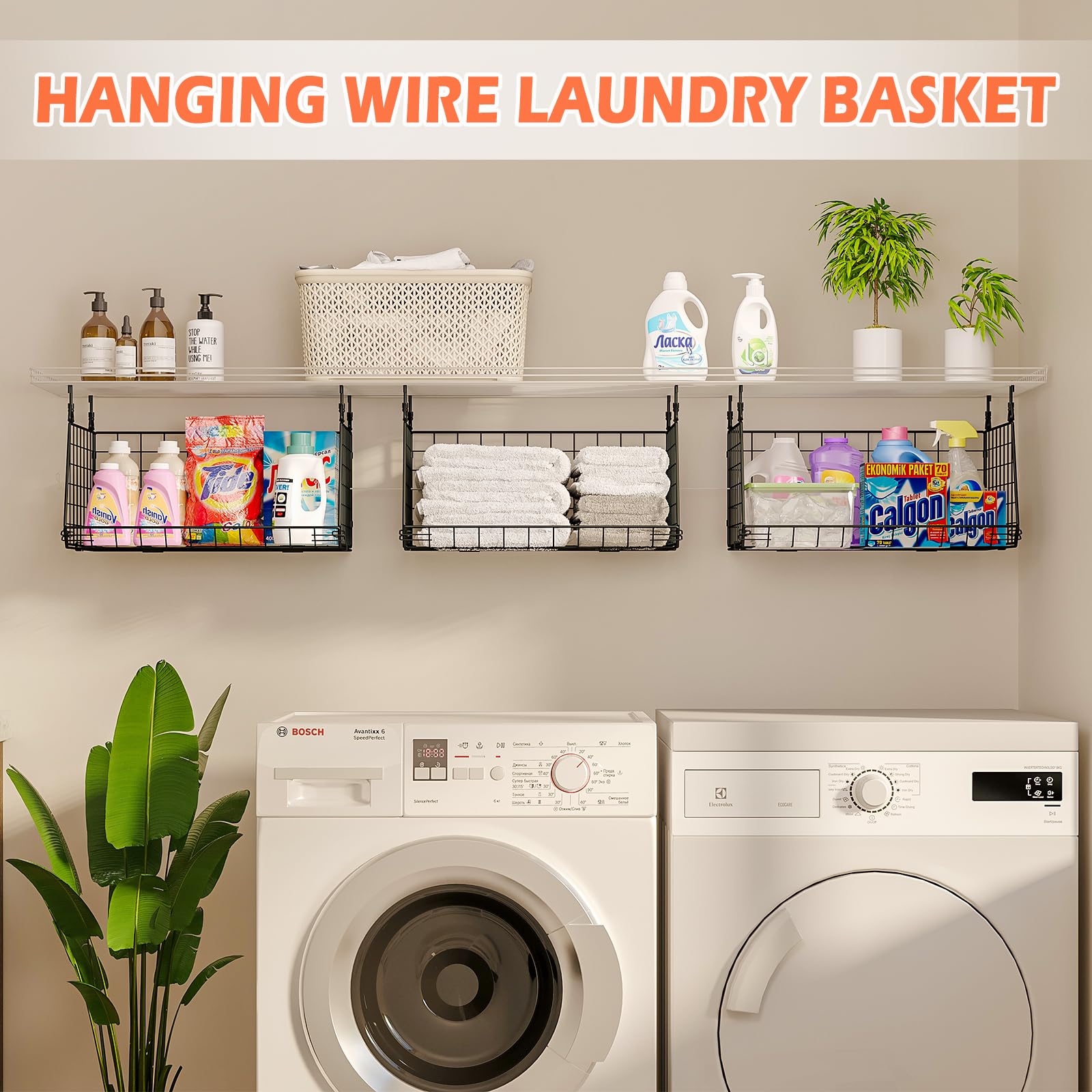 3-Tier Hanging Metal Laundry Basket:Foldable Laundry Room Organizer Wire Shelf Basket With 360Rotating Hooks Space Saving Over W