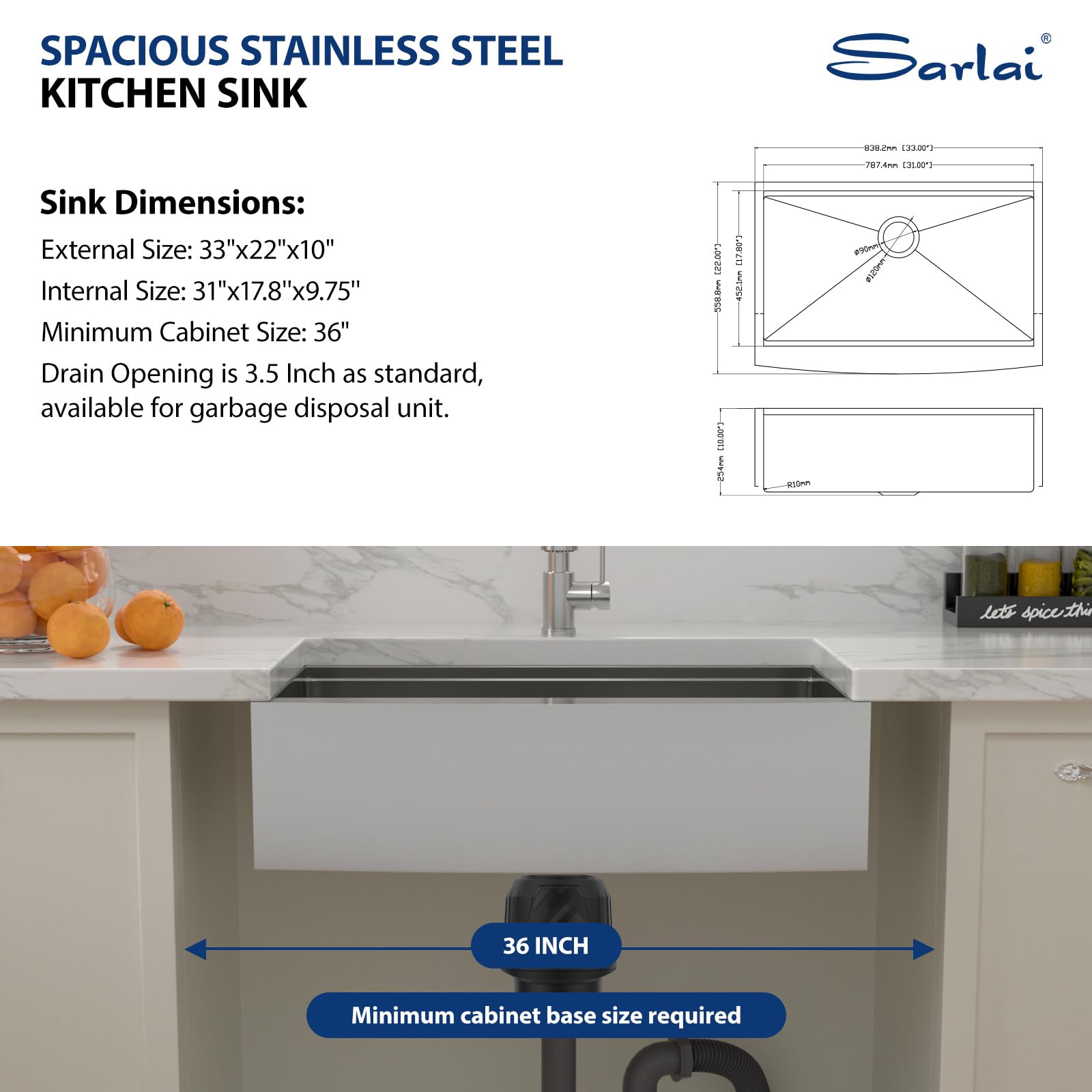 33 Farmhouse Sink Stainless Steel - Sarlai 33 x 22 Inch Farm Kitchen Sink Ledge Workstation Apron Front Single Bowl 16 Gauge Stainless Steel Luxury Kitchen Farmer Sink
