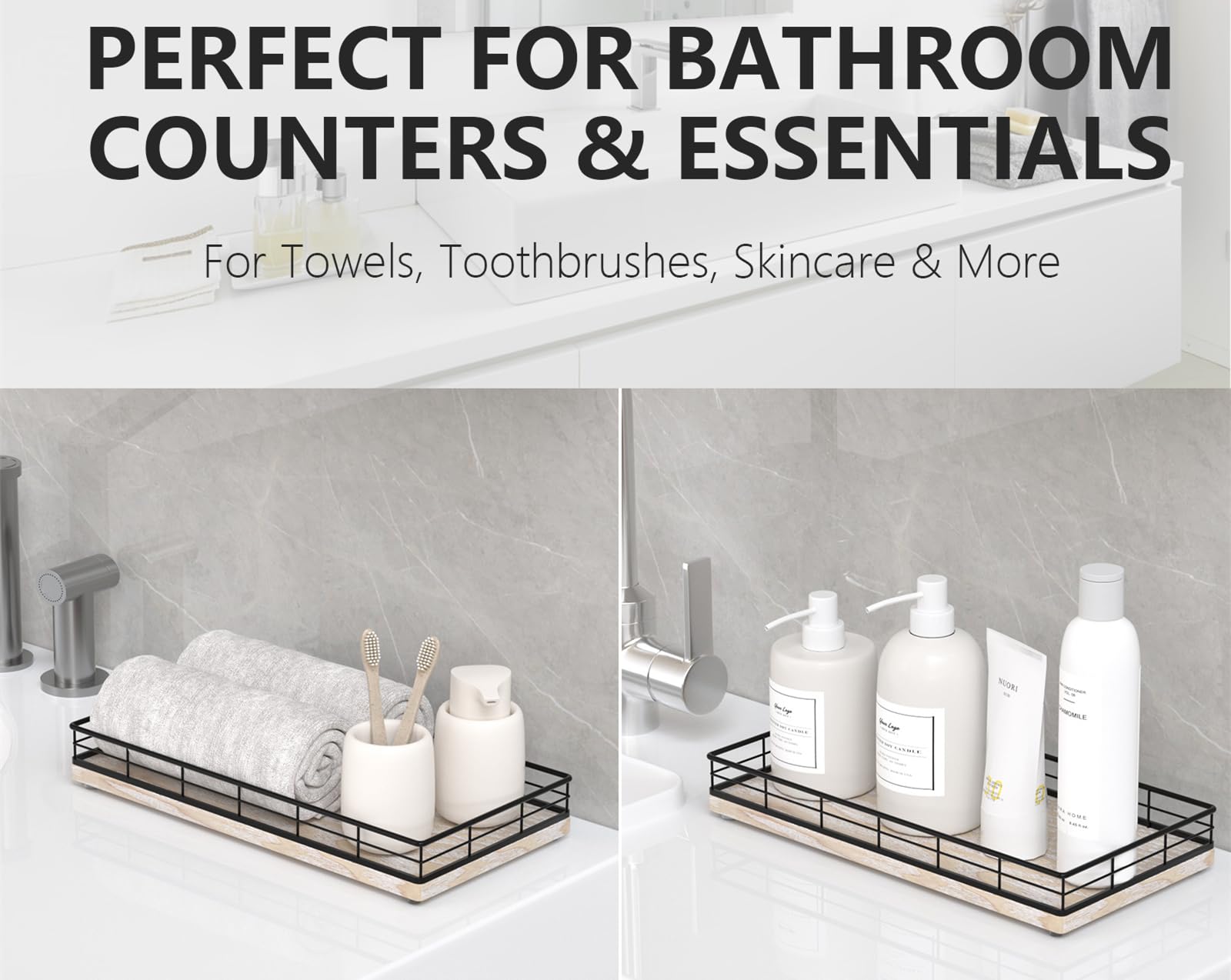 Toilet Paper Basket Organizer - Ash Wood Toilet Tank Tray with Metal Frame, Back of Tank or Top Bathroom Counter Storage - Black