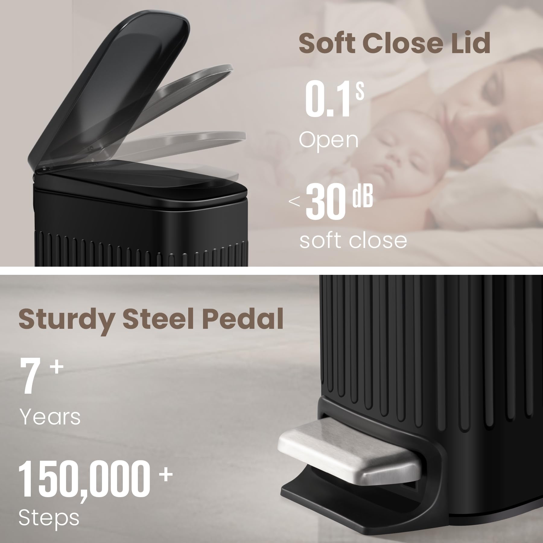 Cesun Small Black Bathroom Trash Can, 1.6 Gallon Small Stainless Steel Garbage Can With Lid And Foot Pedal, Slim Waste Basket Fo