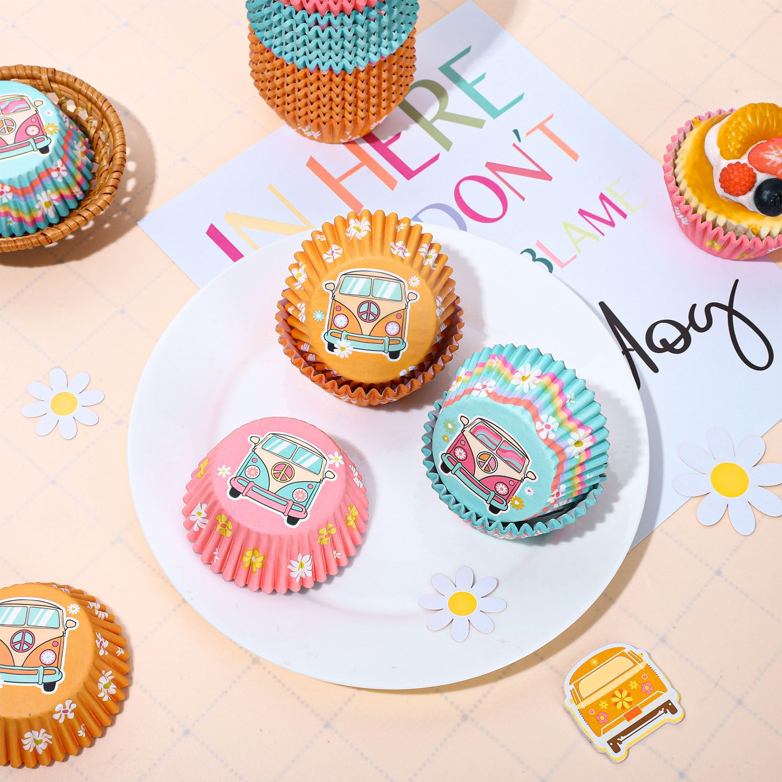 Whaline 600Pcs Back To School Hippie Bus Cupcake Liners Retro Groovy Party Cupcake Wrappers Cartoon Bus Paper Baking Cups Baking