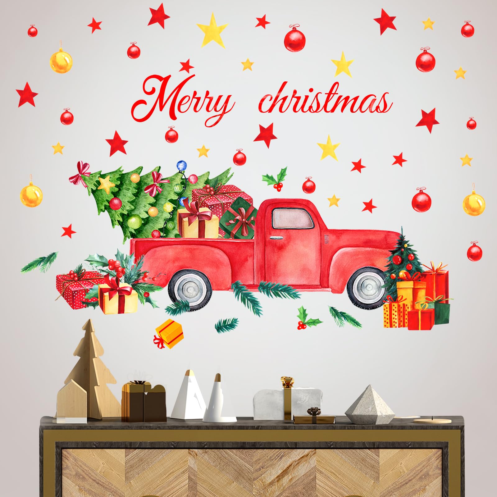 Glenmal 40 Pcs Merry Christmas Wall Decals Christmas Truck Wall Stickers Farmhouse Red Truck with Christmas Trees Wall Decals fo