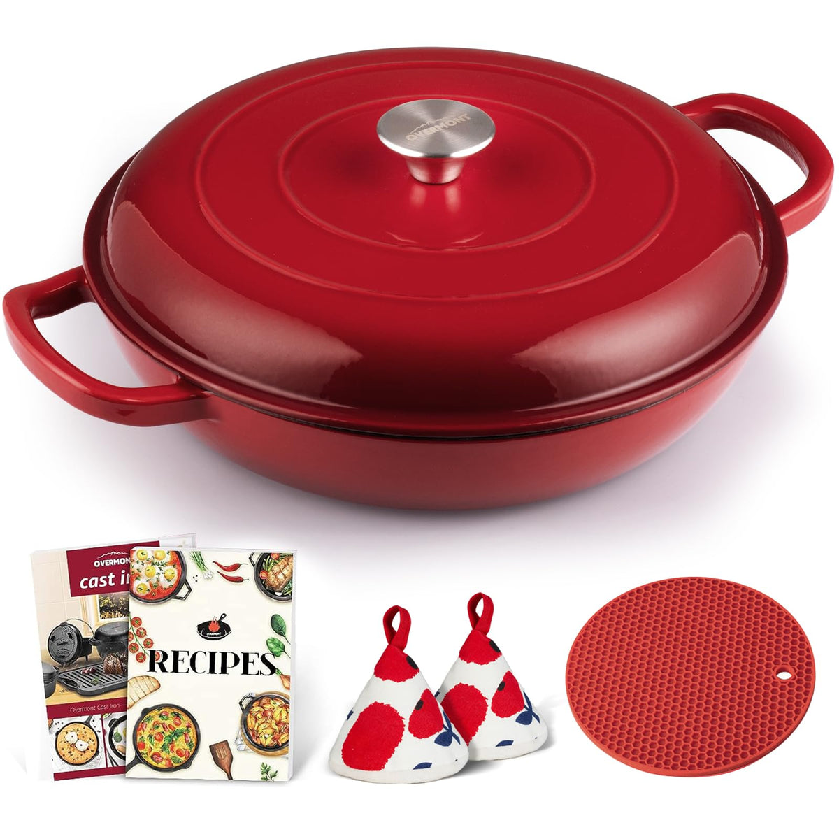 Overmont Enameled Cast Iron Dutch Oven - 3.8 Quart Dutch Oven Pot With Lid - Shallow Cookware Braising Pan - Cast Iron Casserole