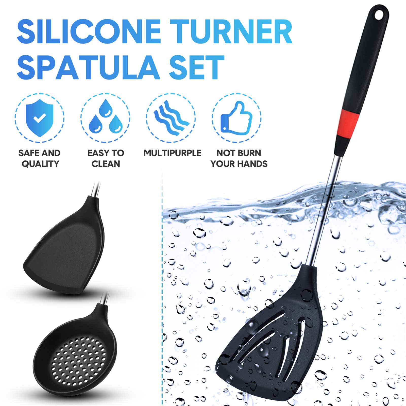 3 Pieces Silicone Stainless Steel Turner Spatula Set Includes Flexible Silicone Wok Spatula Slotted Spatula Skimmer Slotted Spoo