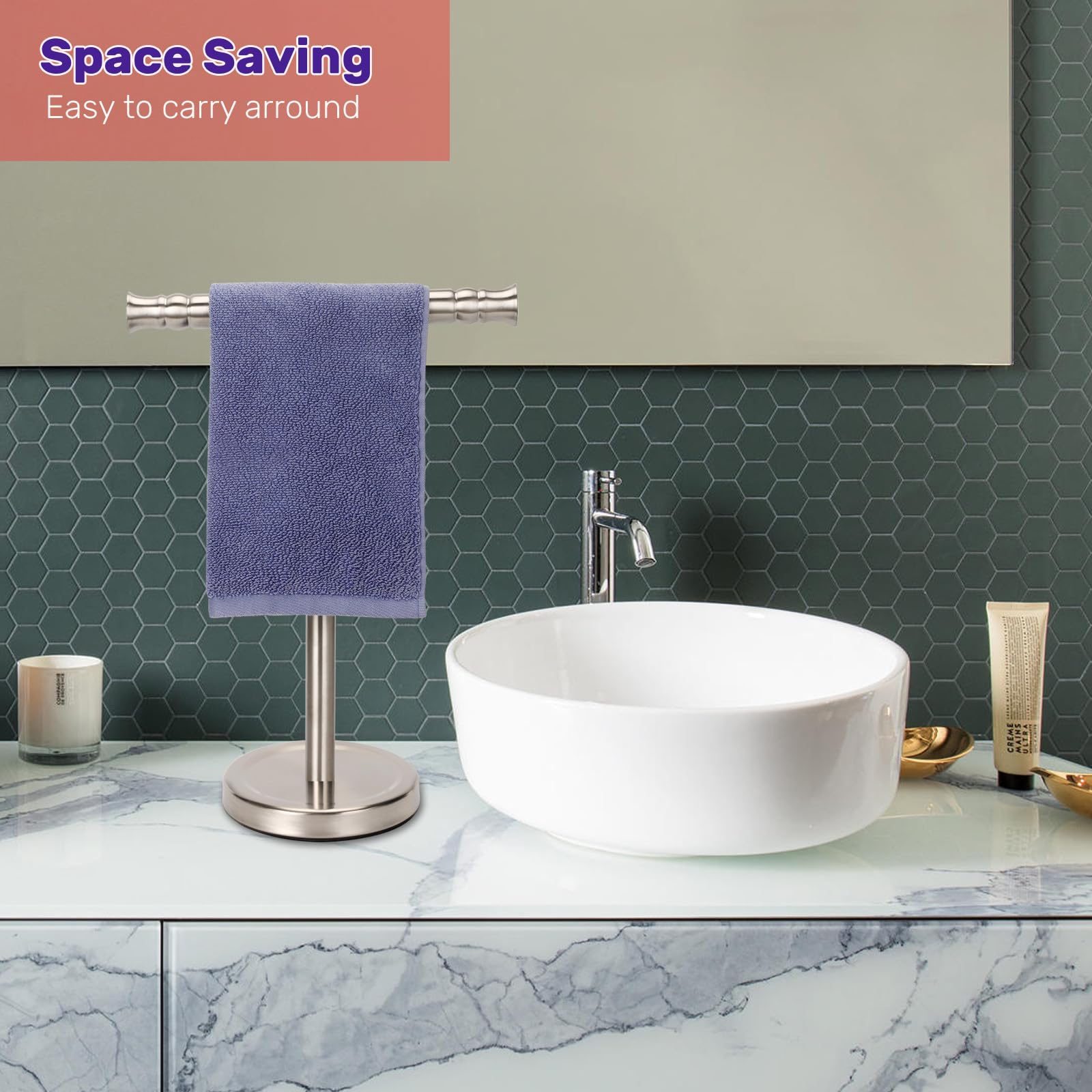 Sfemn Hand Towel Holder Stand For Bathroom Vanity Countertop Sus304 Stainless Steel T-Shape Free Standing Towel Rack Stand Towel