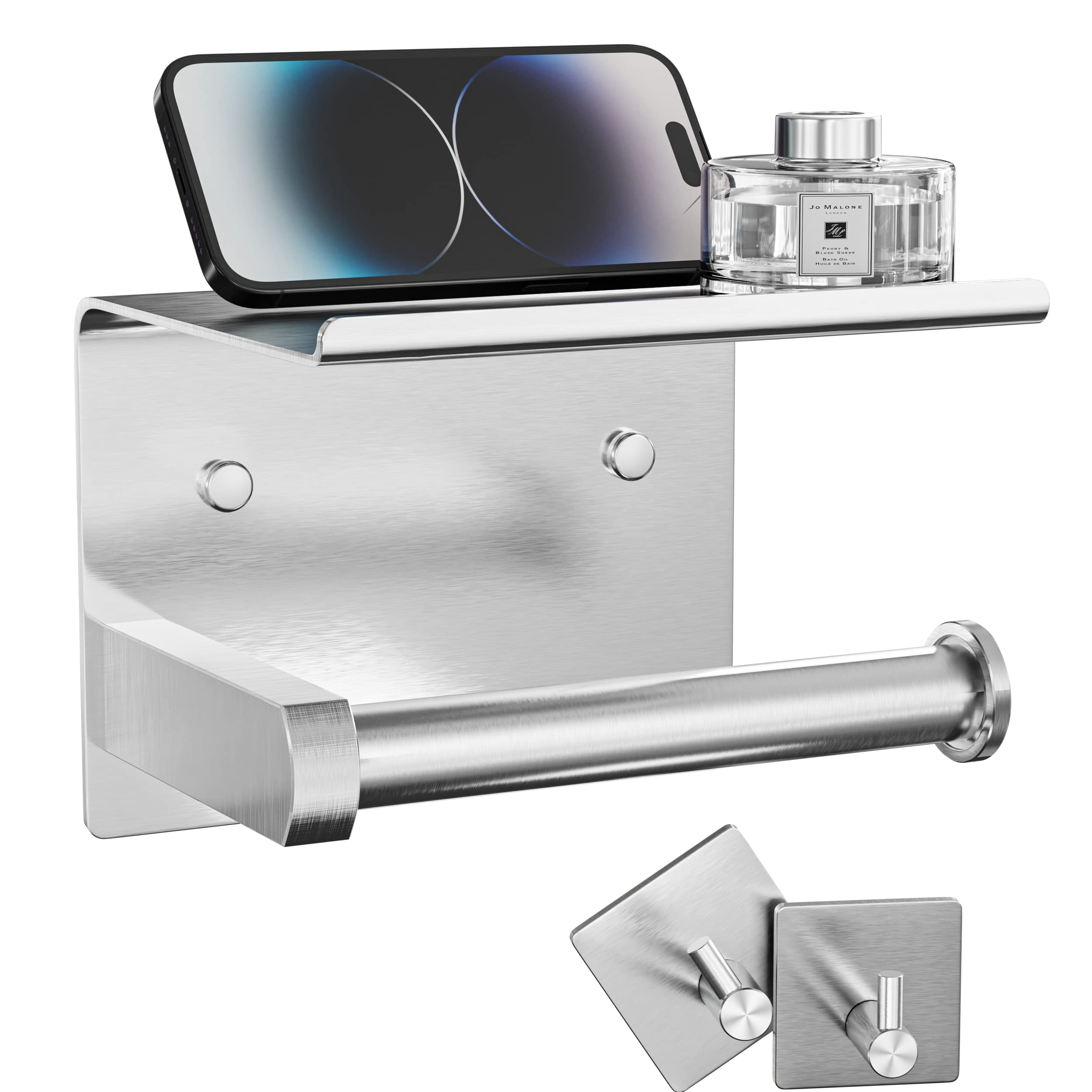Tindbea Toilet Paper Holder With Phone Shelf + Towel Robe Hooks, Adhesive Or Screw Wall Mounted Toilet Paper Roll Storage, Stain