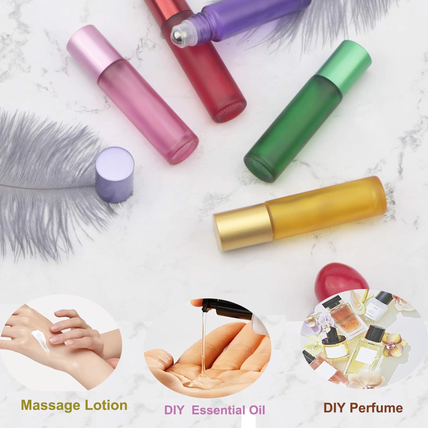 Jiuwu 10Pcs 10Ml 1/3 Oz Essential Oils Stainless Steel Roller-On Bottles Refillable Perfume Organic Beauty Stainless Steel Frost