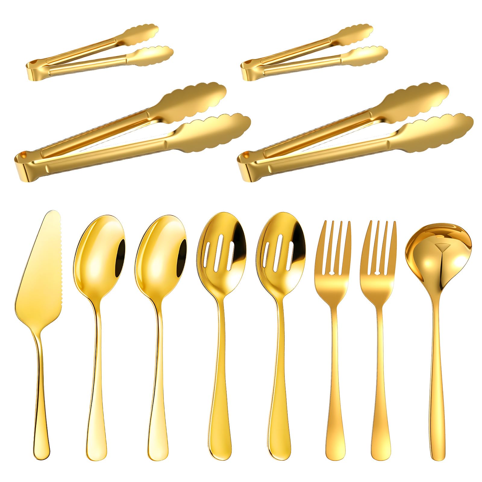 12 Pieces Gold Serving Utensils, Stainless Steel Cooking Utensils Set, Include Serving Spoons, Slotted, Spoons, Forks, 2 Sizes T