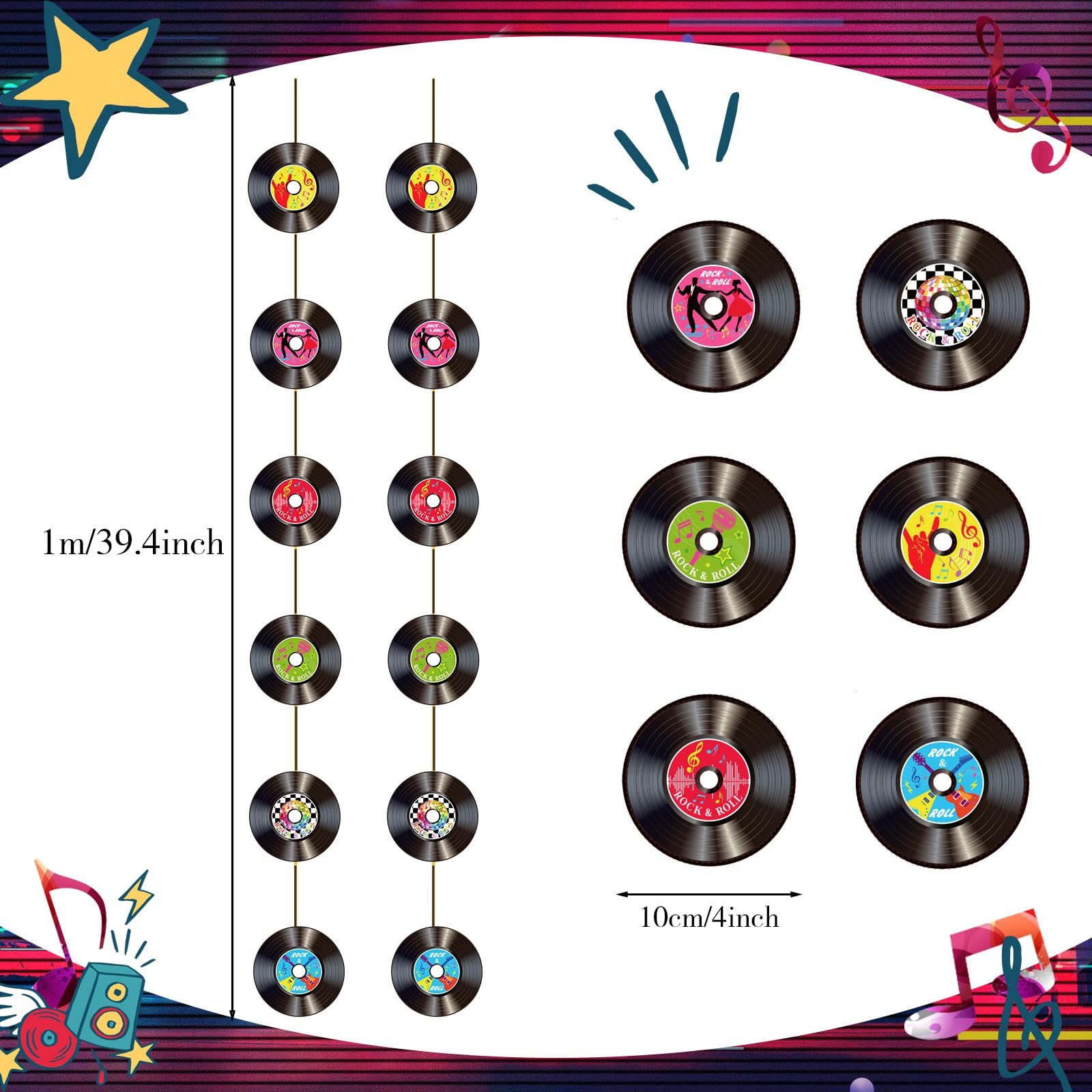 Cindeer 8 Pieces Rock and Roll Party Decorations Retro Record Paper Garlands Vintage Themed Streamer Banners Hanging Decorations