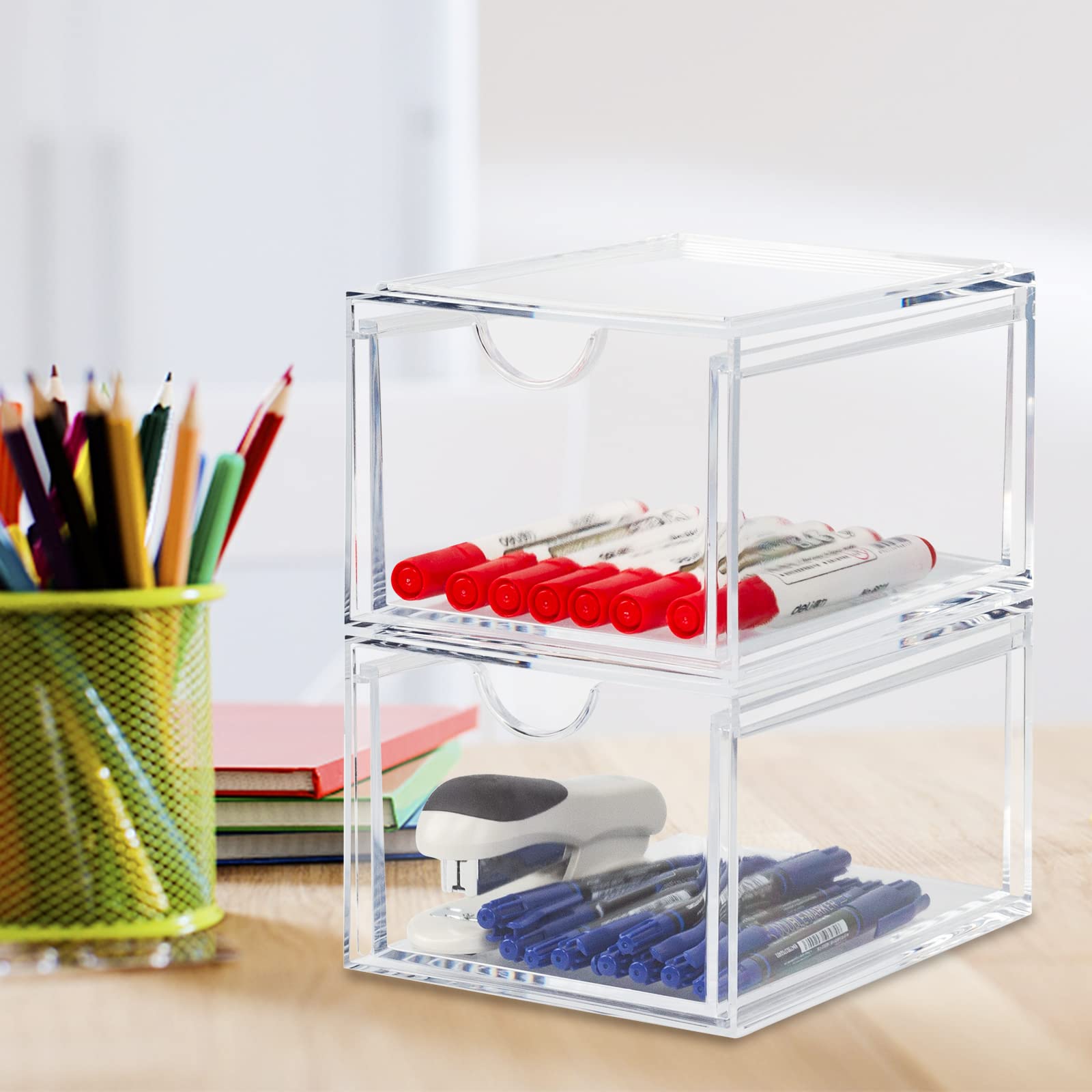 Cecolic 2 Pack Stackable Cosmetic Organizer Drawers, Clear Acrylic Makeup Storage Organizer Box, Plastic Storage Bins Vanity Con