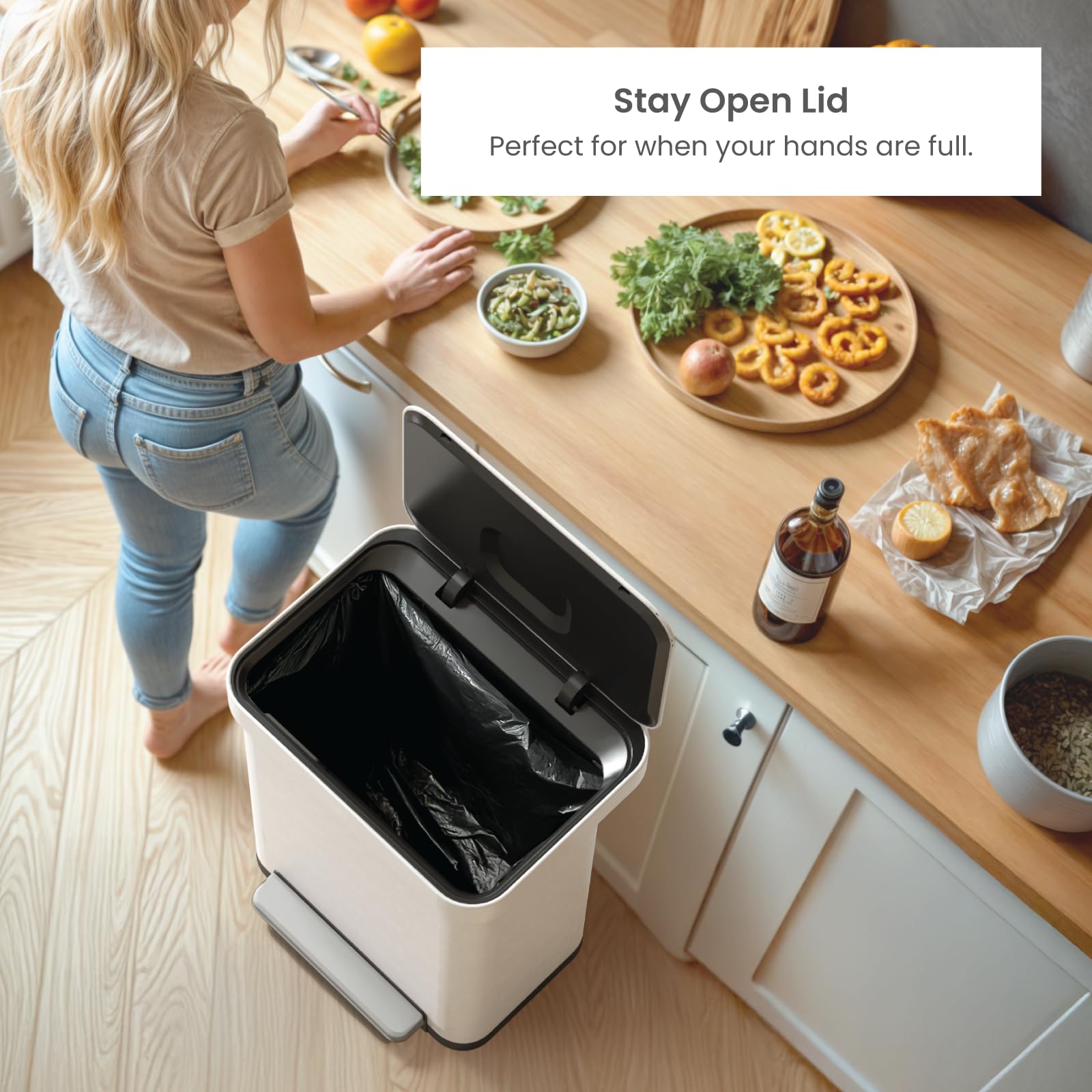 Home Zone Living 13 Gallon Stainless Steel Kitchen Trash Can With Slow Closing Lid And Wide Opening, Virtuoso Collection, White