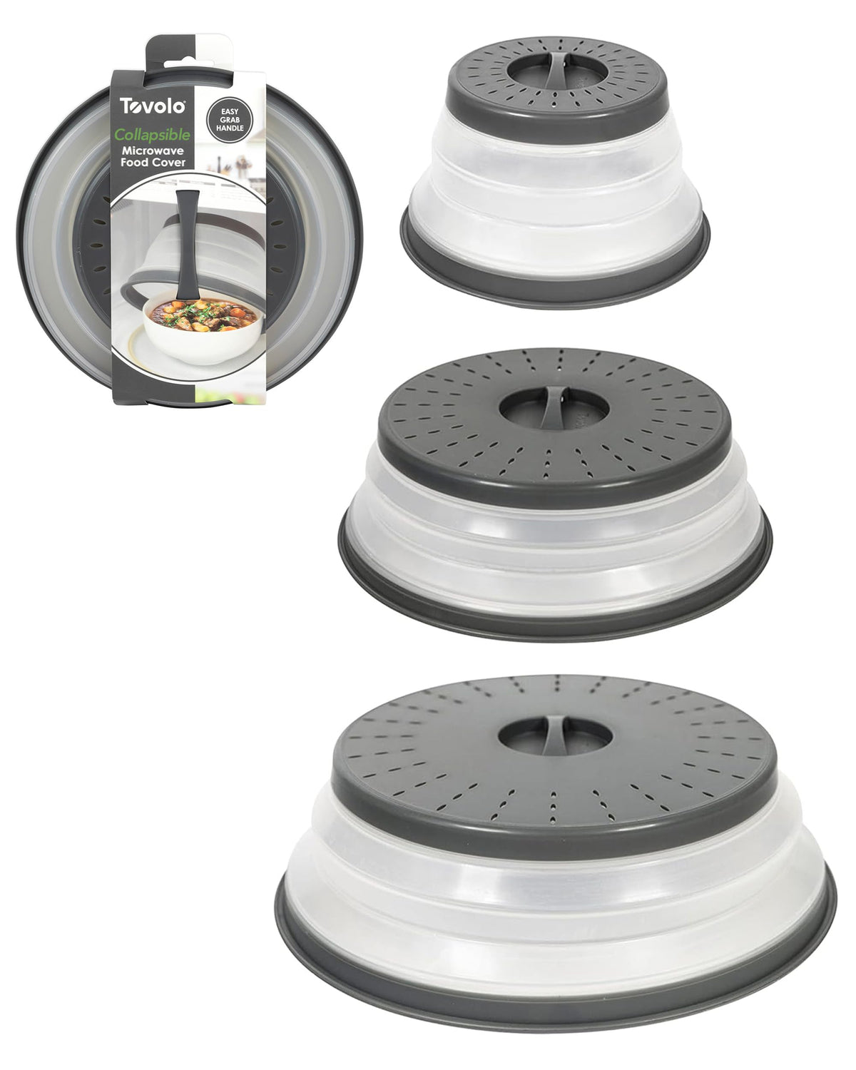 Tovolo Microwave Splatter Cover For Food, 3-Pack (Charcoal) - Collapsible & Vented Silicone Splatter Guard Lid - Microwave Plate