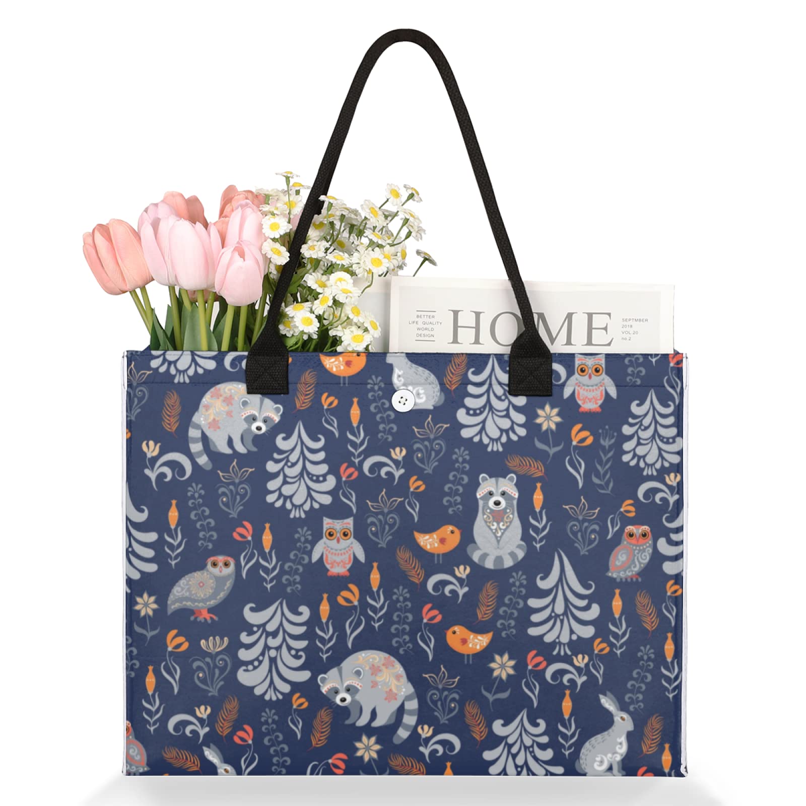 Beach Tote Bag Autumn Forest Animal Bird Raccoon Owl Rabbit Large Travel Bag Utility Tote Bag Women Shoulder Bag Reusable Grocer