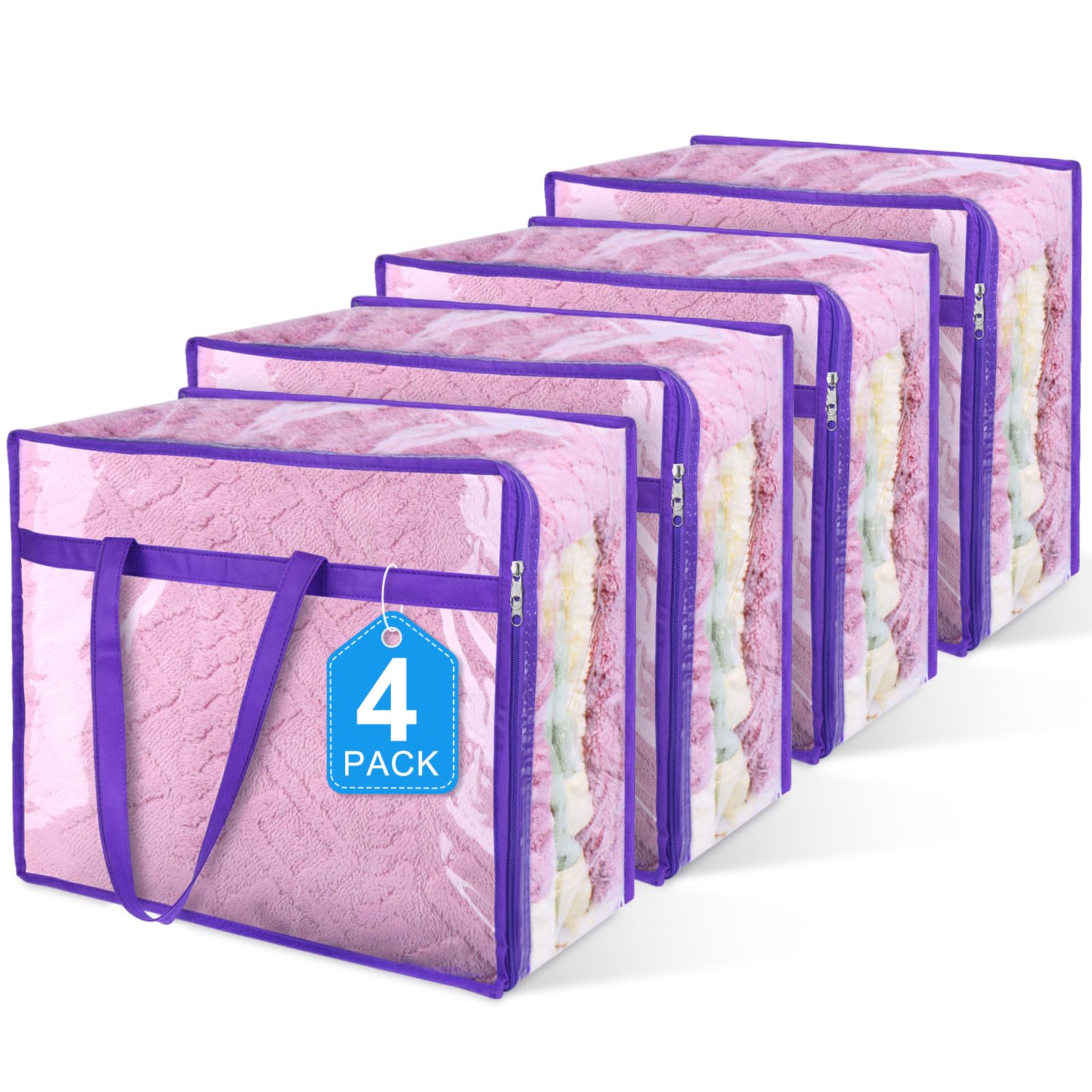 4 Pack Clear Zippered Storage Bags for Clothes, Closet Organizers and Storage Vinyl Bag for Bedding, Linen, Blankets, Comforters