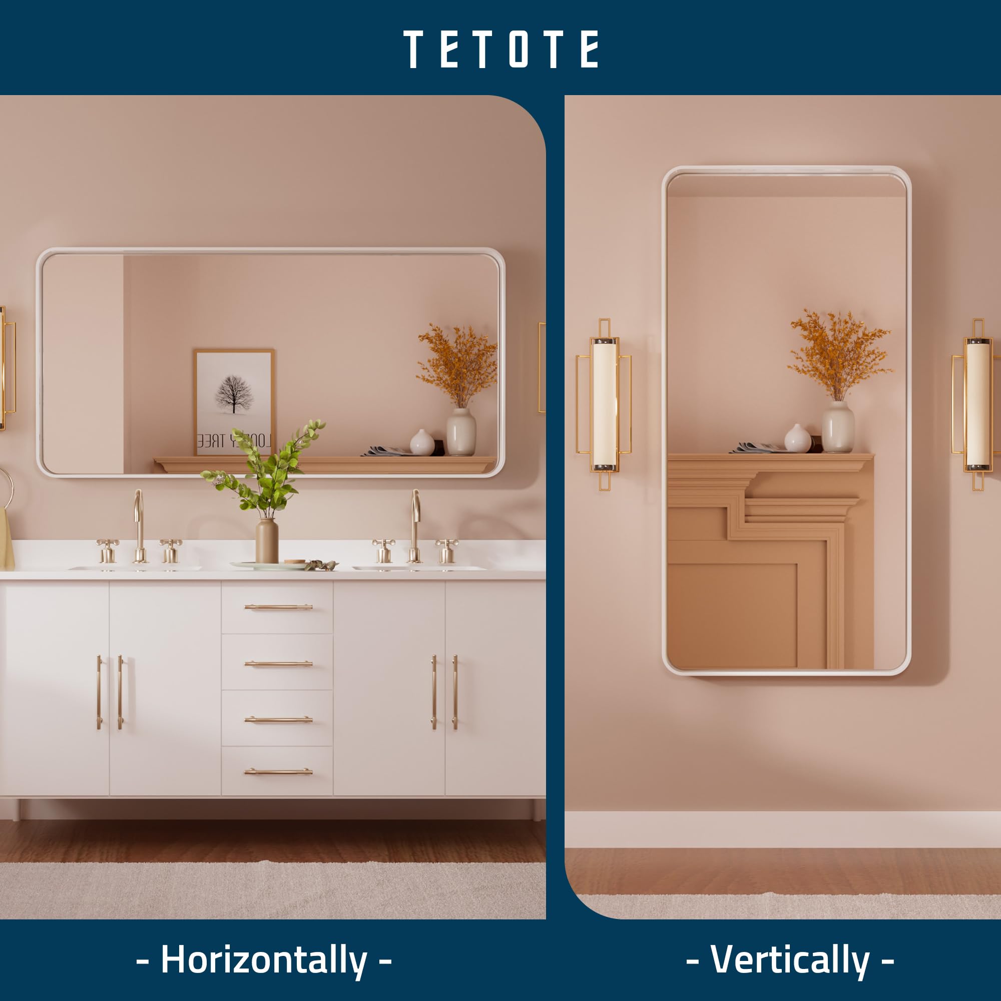 Tetote 48 X 24 White Frame Mirror For Bathroom Metal Frame Wall Mounted Rectangle Mirror For Vanity With Sandy Textured Surface(