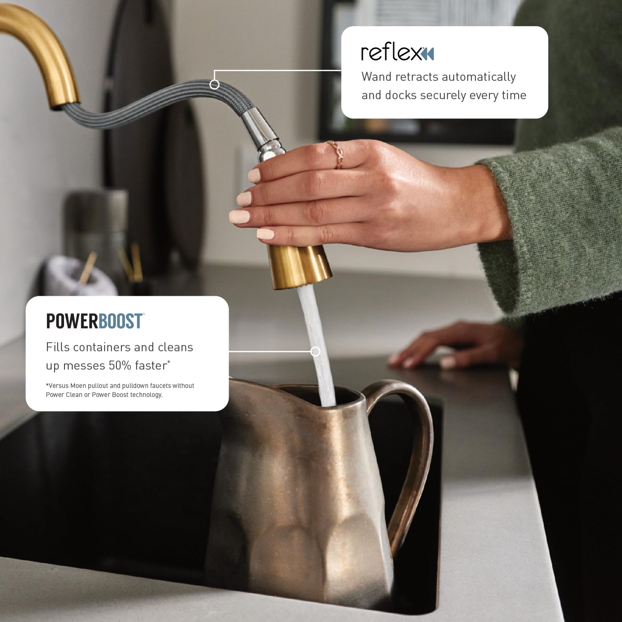 Moen Sleek Brushed Gold One-Handle High Arc Kitchen Faucet With Pull Down Spray Head, Featuring Power Boost, 7864Bg