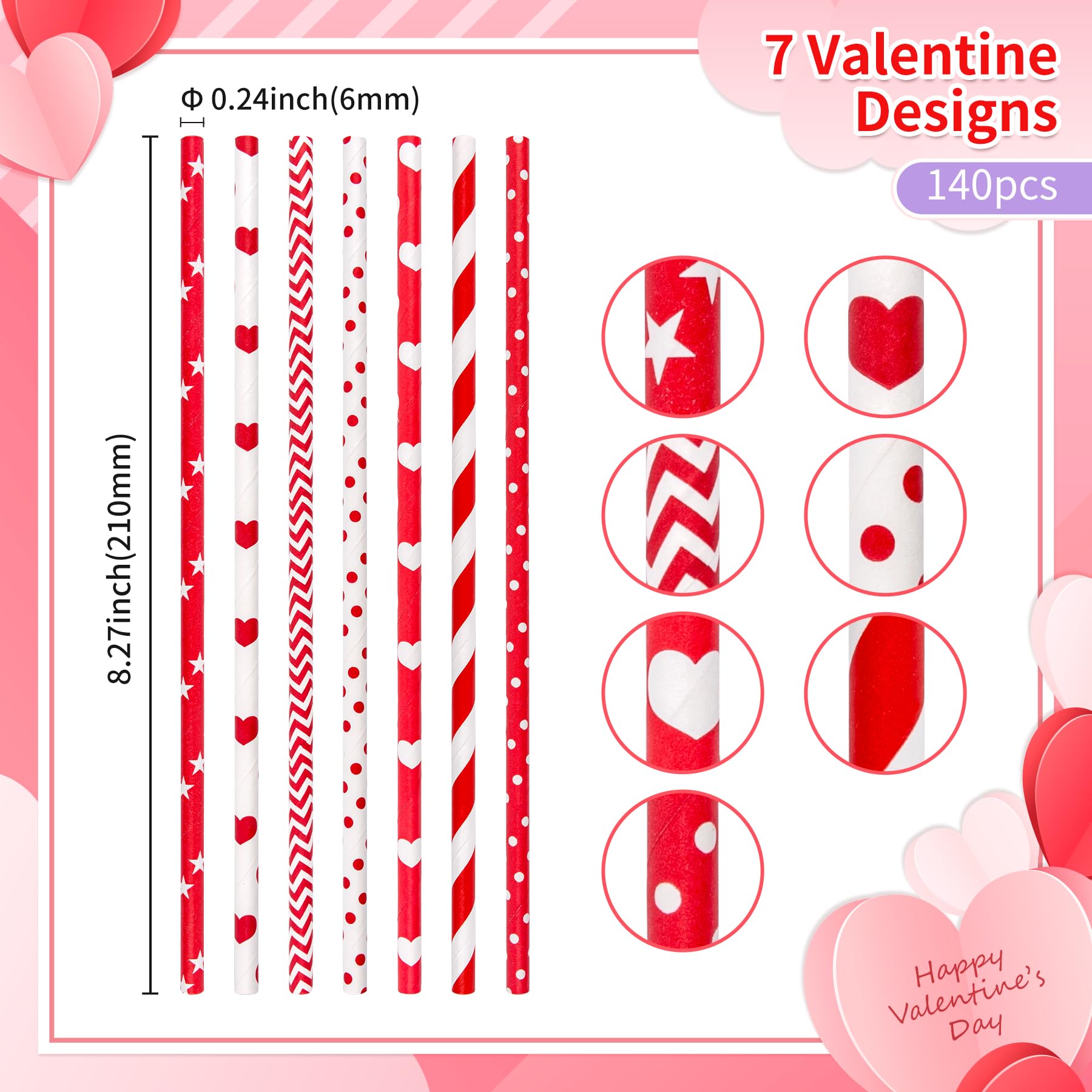 [140 Pack] Paktalk Valentine Straws, 7 Assorted Red And White Straws Red White Striped Dot Wave Star Paper Straws Disposable For