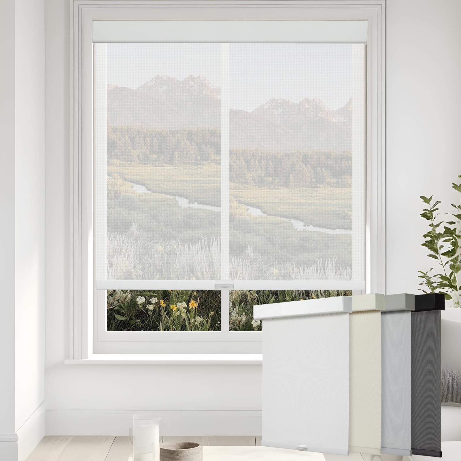 Persilux Free-Stop Cordless Solar Shades for Windows Shades Light Filtering Roller Shades (White, 20 W x 72 H) 5% Openness UV Pr