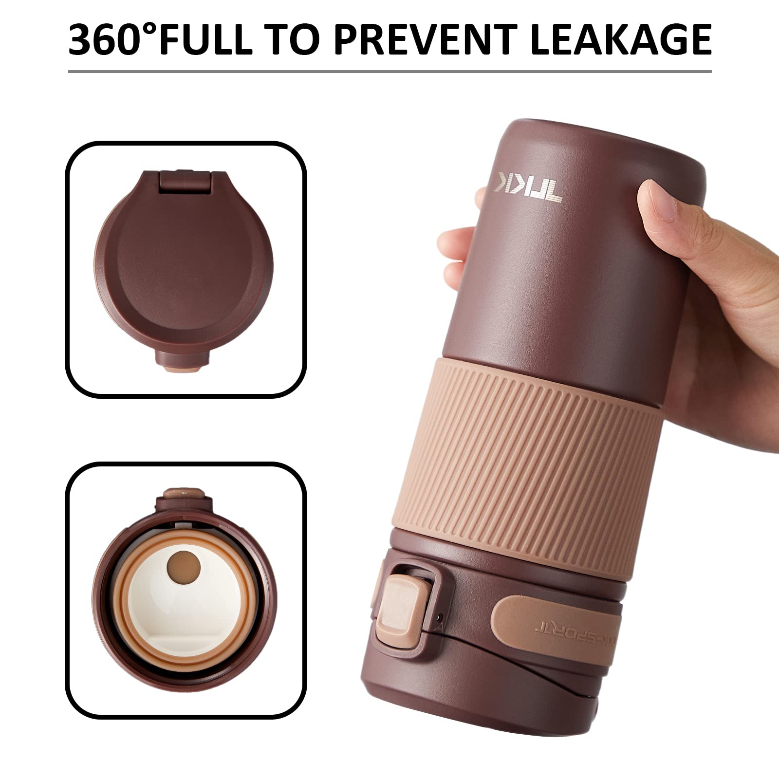 Insulated Coffee Travel Mug Double Wall Leak-Proof Thermos Vacuum Reusable Stainless Steel Tumbler, 15 Oz, Brown