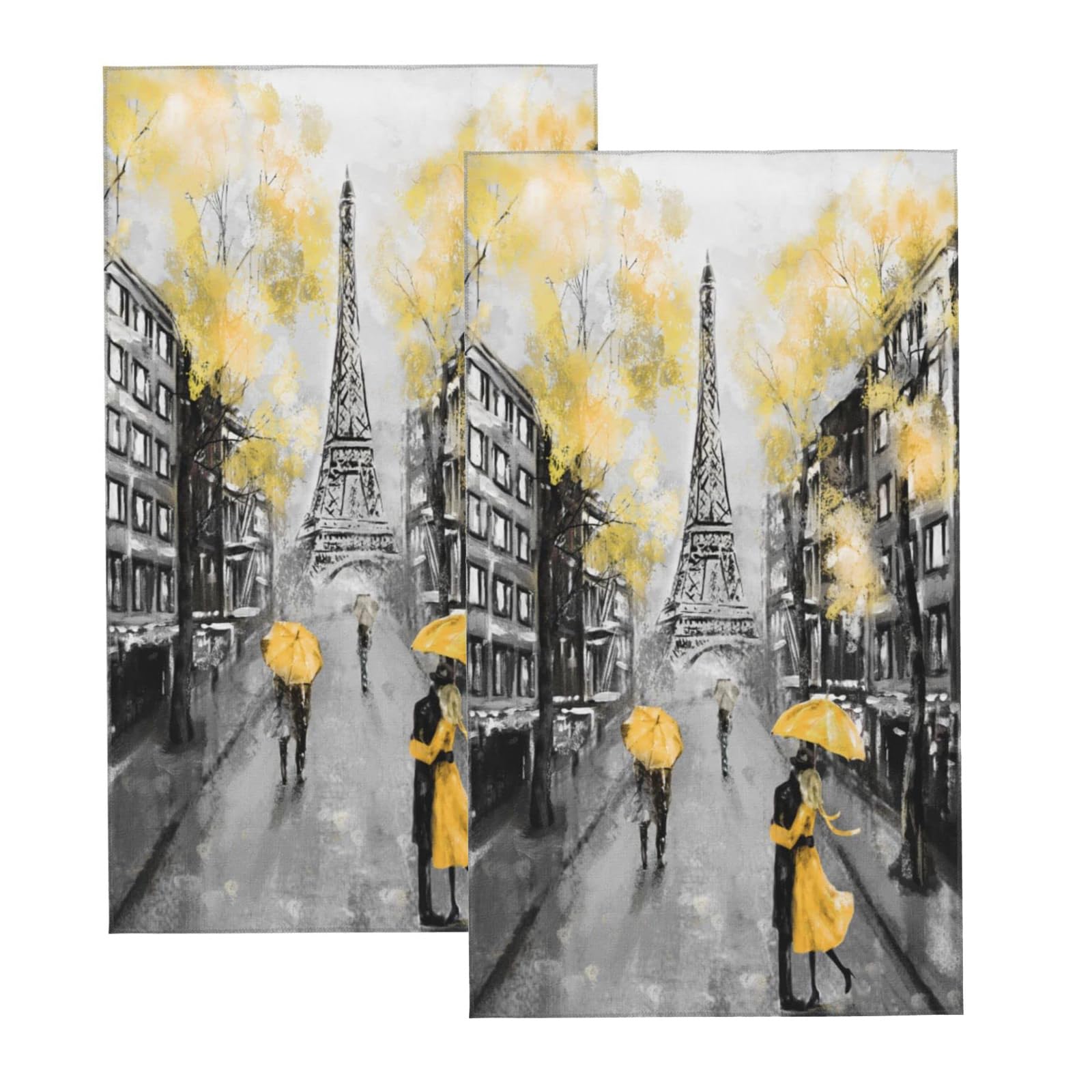 Eiffel Tower Hand Towels For Bathroom,Set Of 2,Paris Modern Couple Black Yellow France City Oil Art Ultra Soft Absorbent Small B