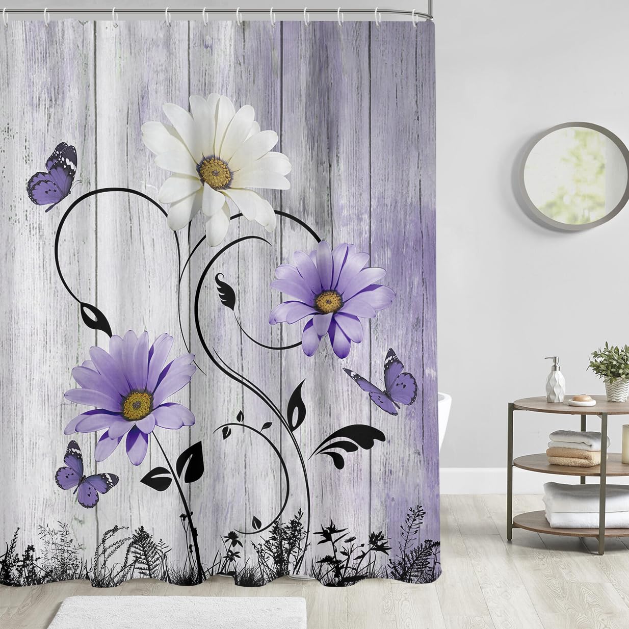 Aatter Purple Floral Shower Curtain Rustic Flowers Lavender Lilac Country Butterfly White Daisy Abstract Black Leaves Extra Long