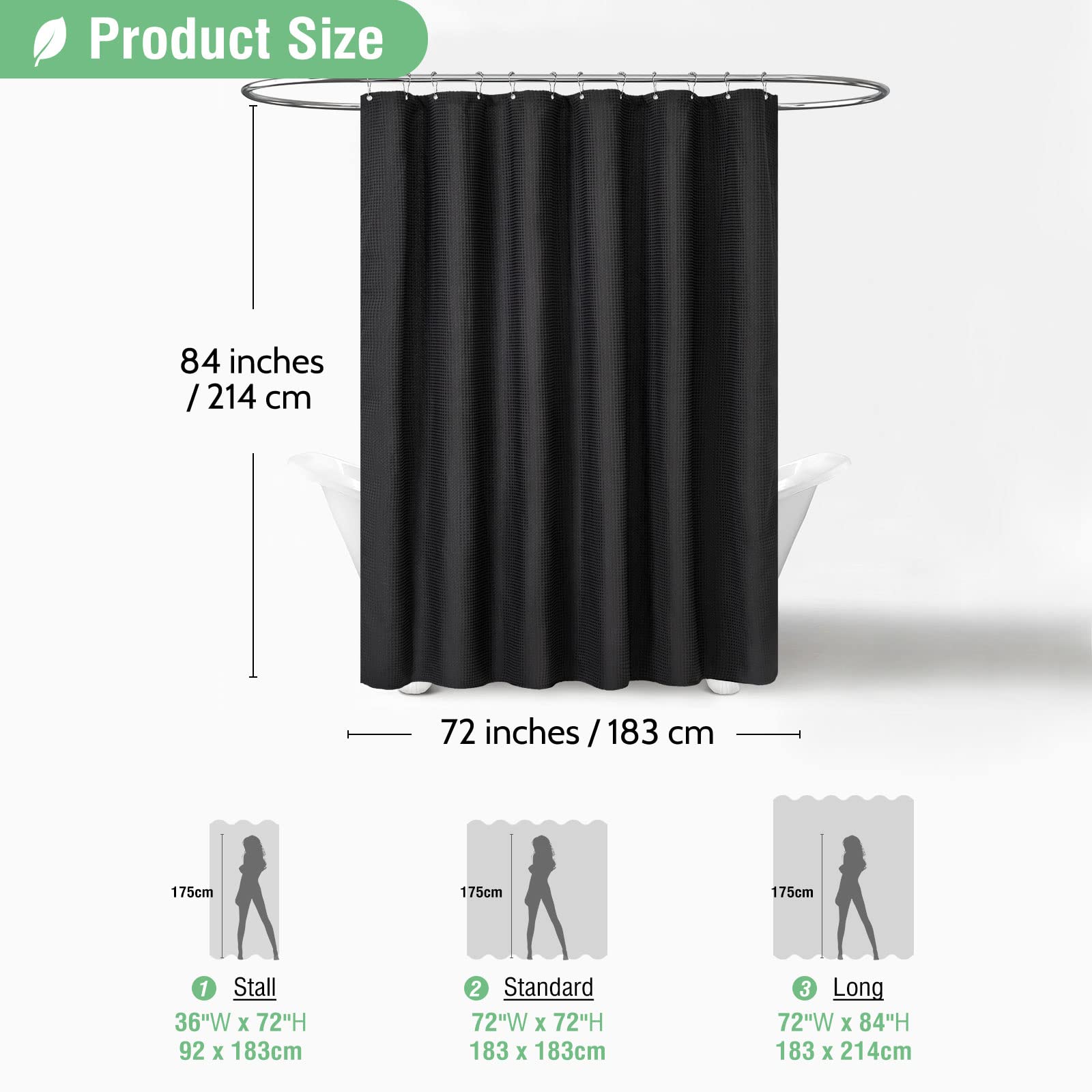 Dynamene Extra Long Fabric Shower Curtain - Waffle Weave 84 Inches Long Heavy Duty Cloth Shower Curtains For Bathroom, 256Gsm La