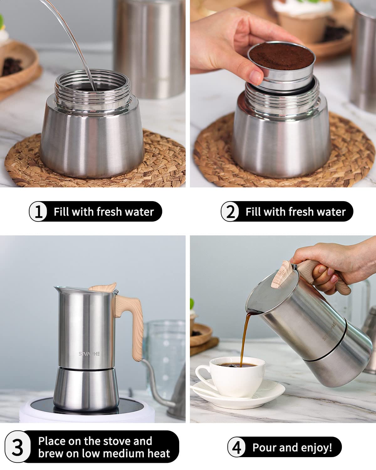 Sivaphe Stainless Steel Stovetop Espresso Coffee Maker, 6Cups Espresso Pot, 300Ml Moka Campaing Coffee Pot, Induction Italian Mo