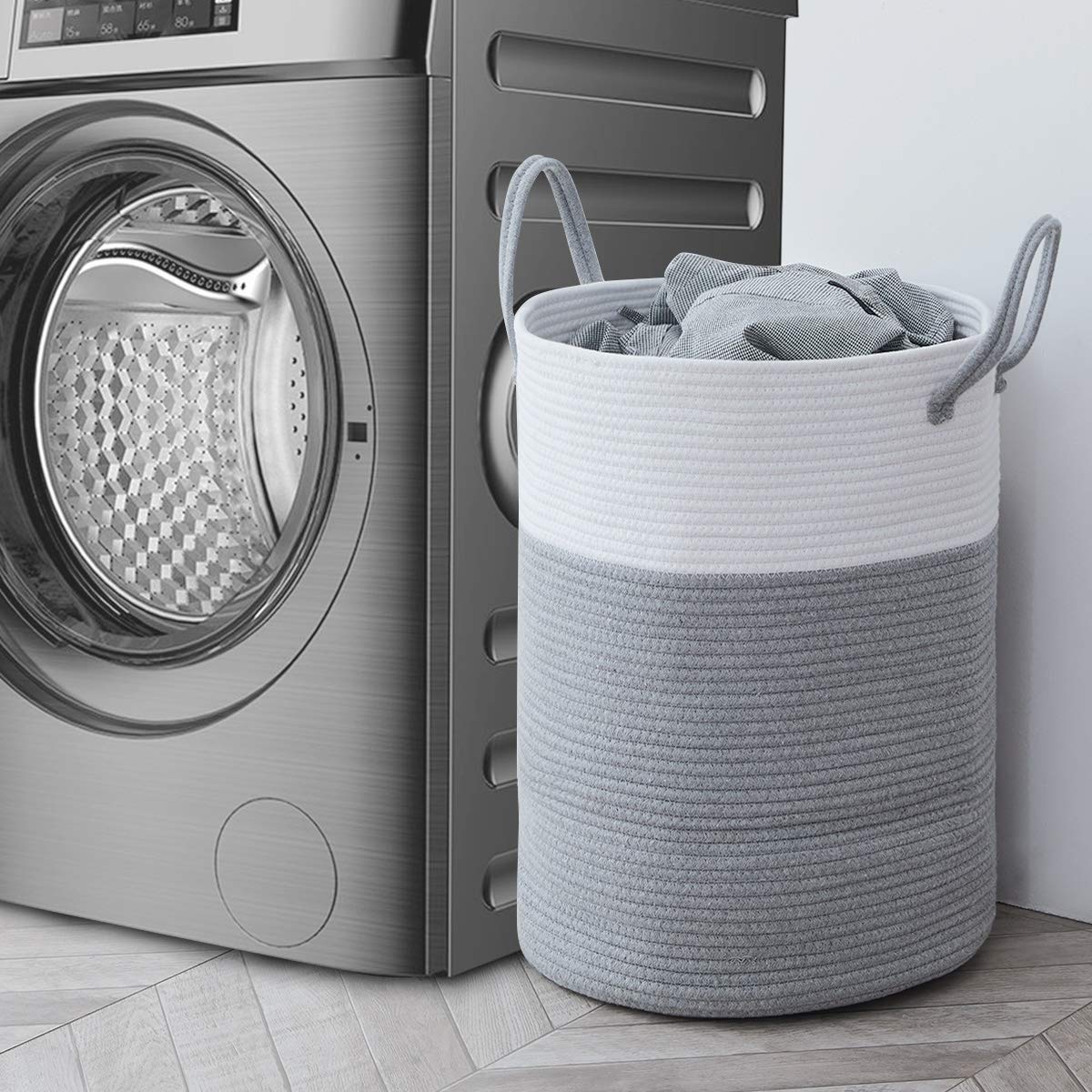 cotton Rope Laundry Hamper by YOUDENOVA  58L - Woven collapsible Laundry Basket - clothes Storage Basket for Blankets  Laundry Room Organizing  Bedroom Storage  clothes Hamper - grey & White