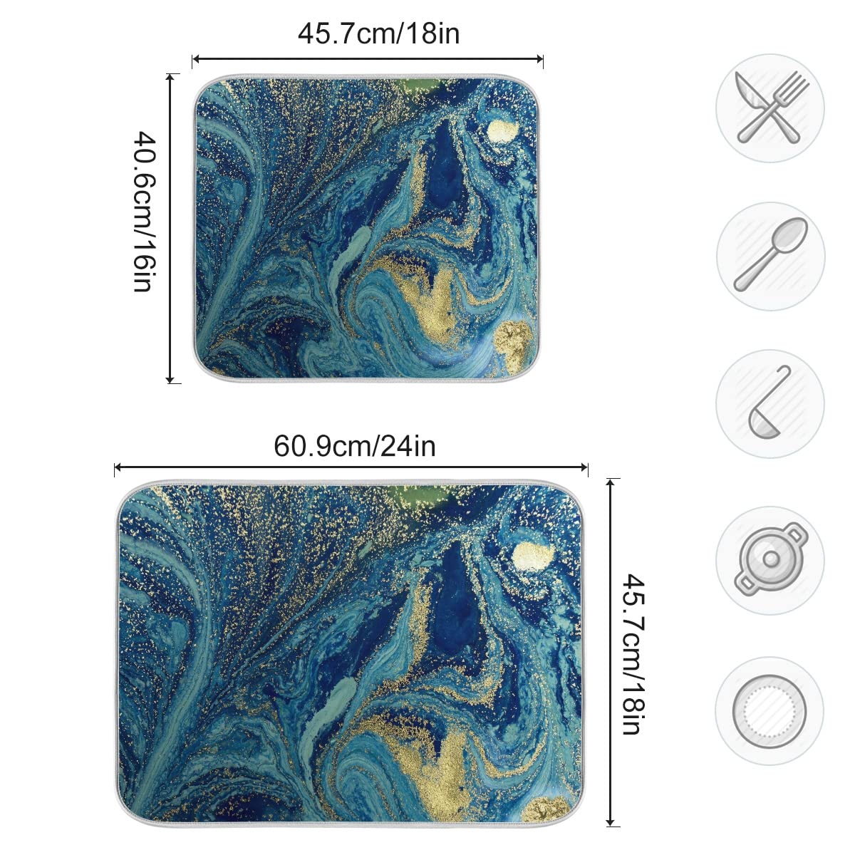 Marble Print Dish Drying Mat Blue Golden Tie Dye Mat For Kitchen Counter Tops,Microfiber Drying Mats Absorbent Reversible Dish P